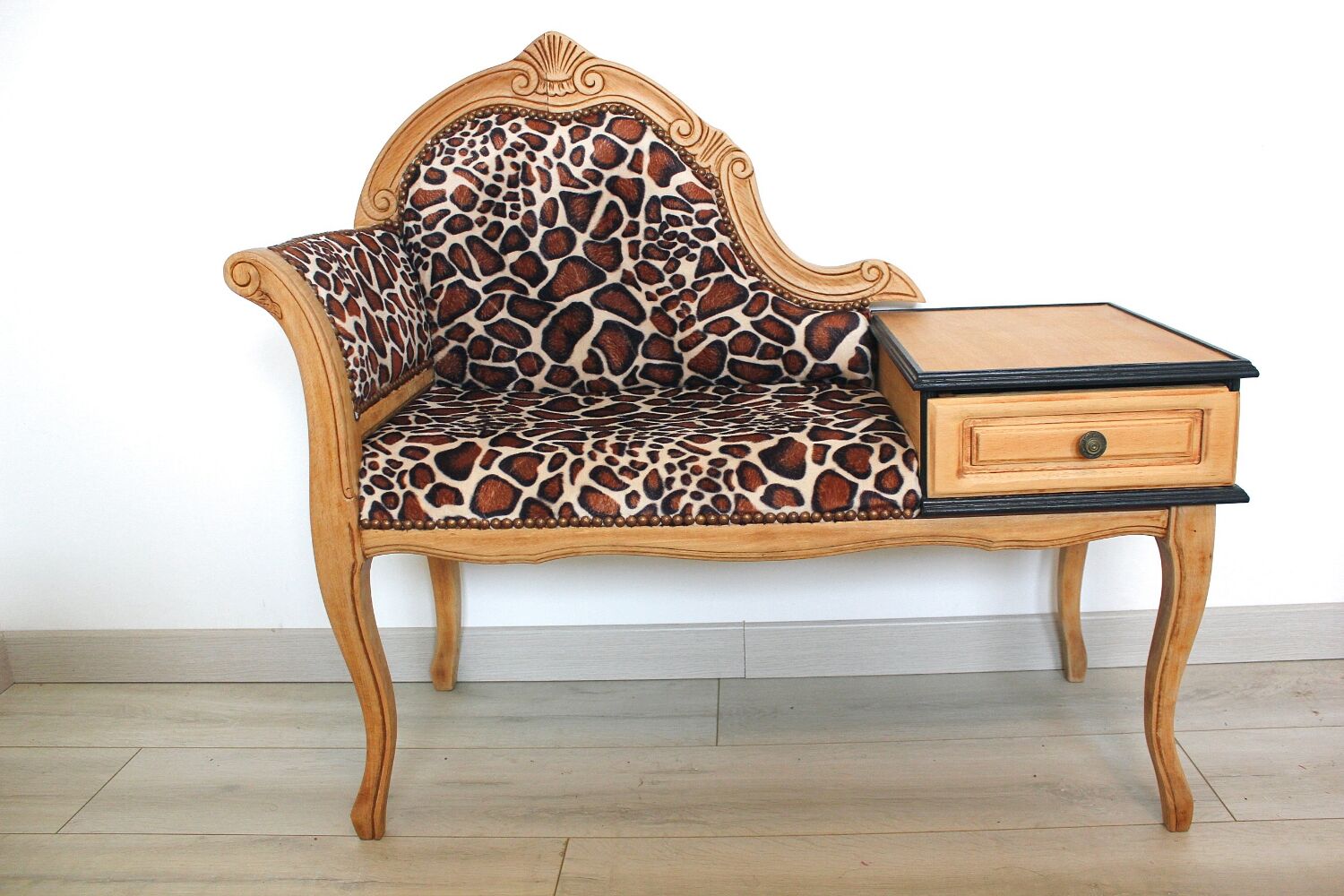 1970s armchair telephone cabinet - leopard giraffe fabric