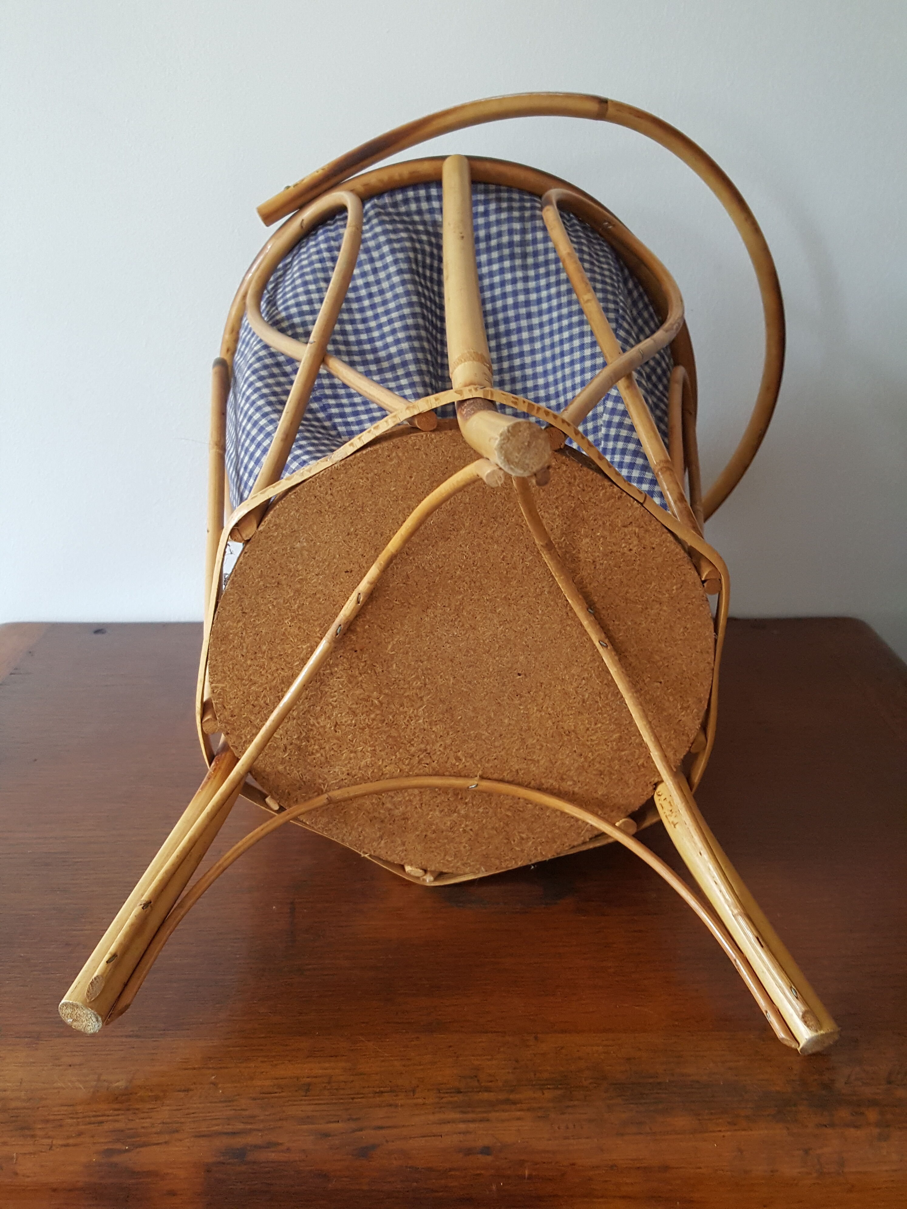 Worker sewing box rattan wicker vichy blue fabric