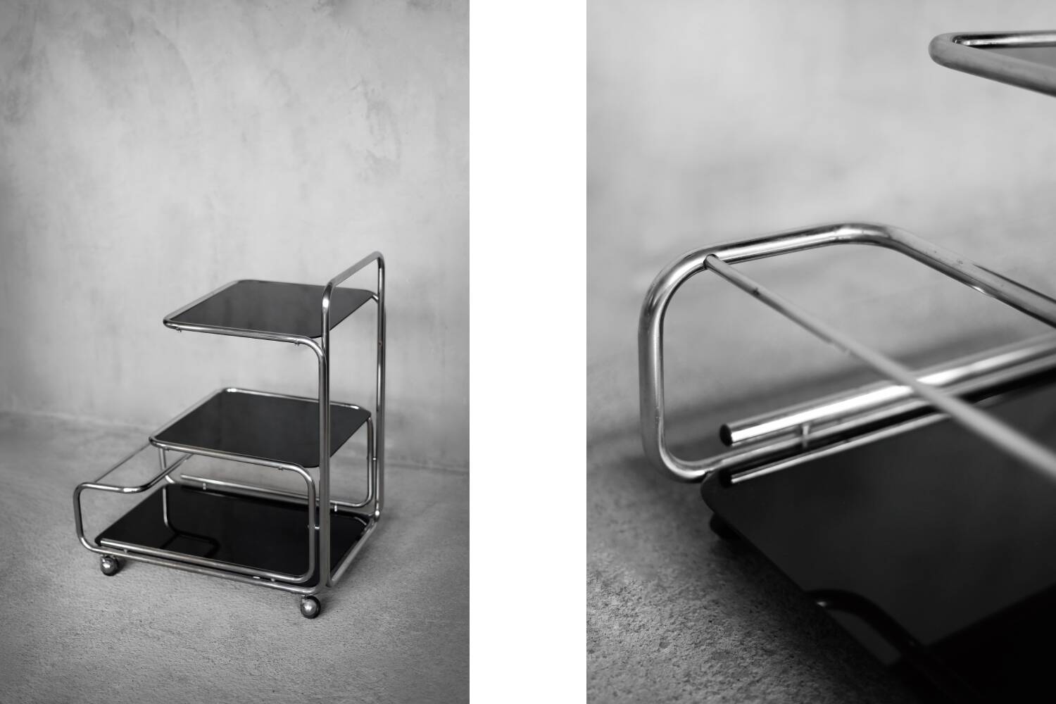 Vintage Mid-Century German Modern Bauhaus Chrome & Glass Serving Trolley