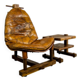 Fauteuil et table d'appoint en cuir rapiécé de style brésilien brutaliste des années 60