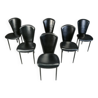 Lot de 6 chaises de salle à manger postmodernes en cuir italien, années 1980