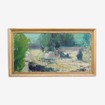 Mid 20th century "forest after rain" abstract swedish landscape oil painting, framed