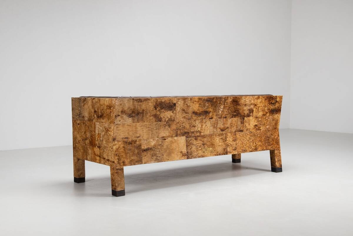 Werner Neumann sculptural birchwood sofa in birch bark and leather, The Netherlands