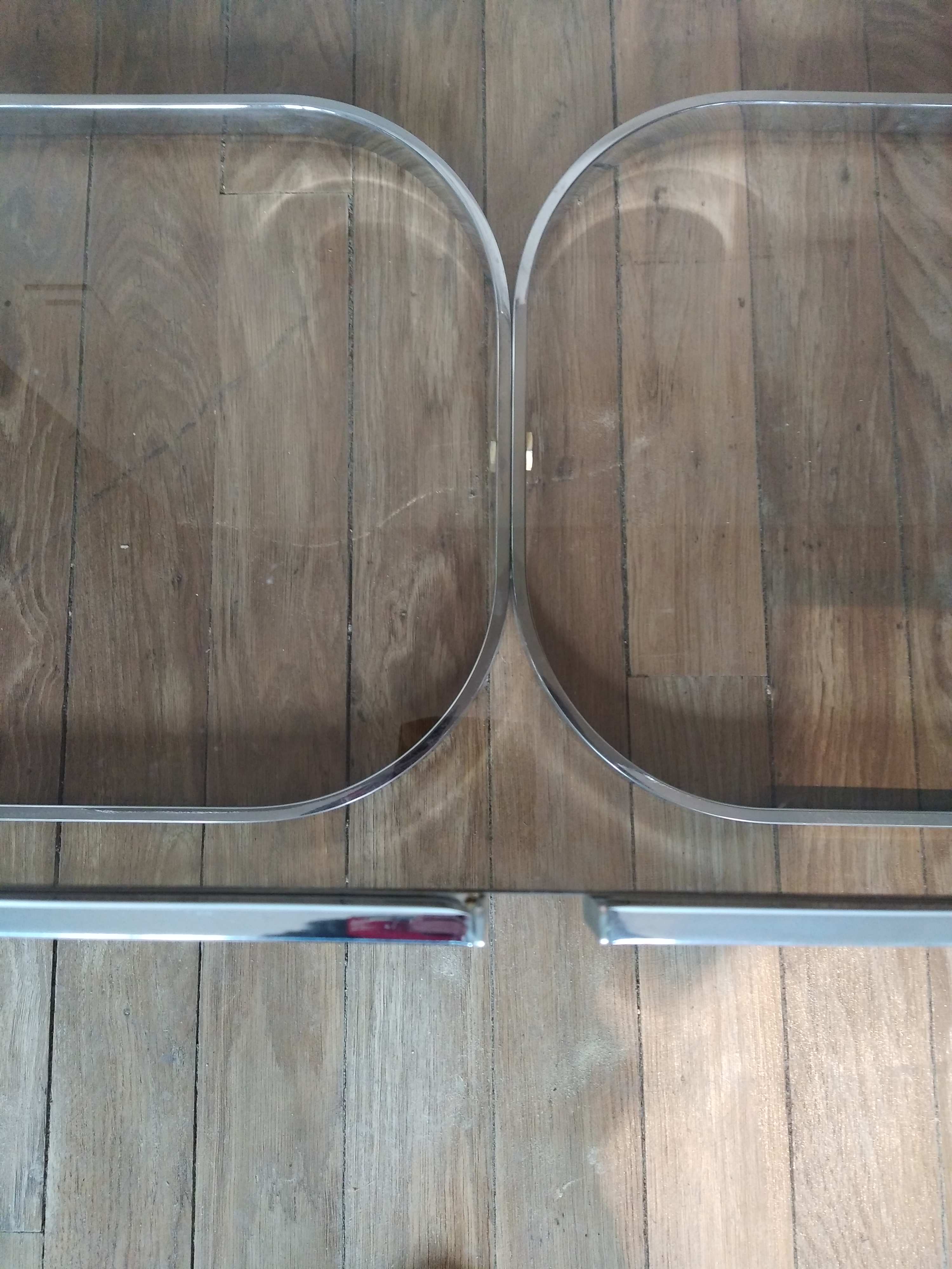 Stainless coffee table and smoked glass 1973
