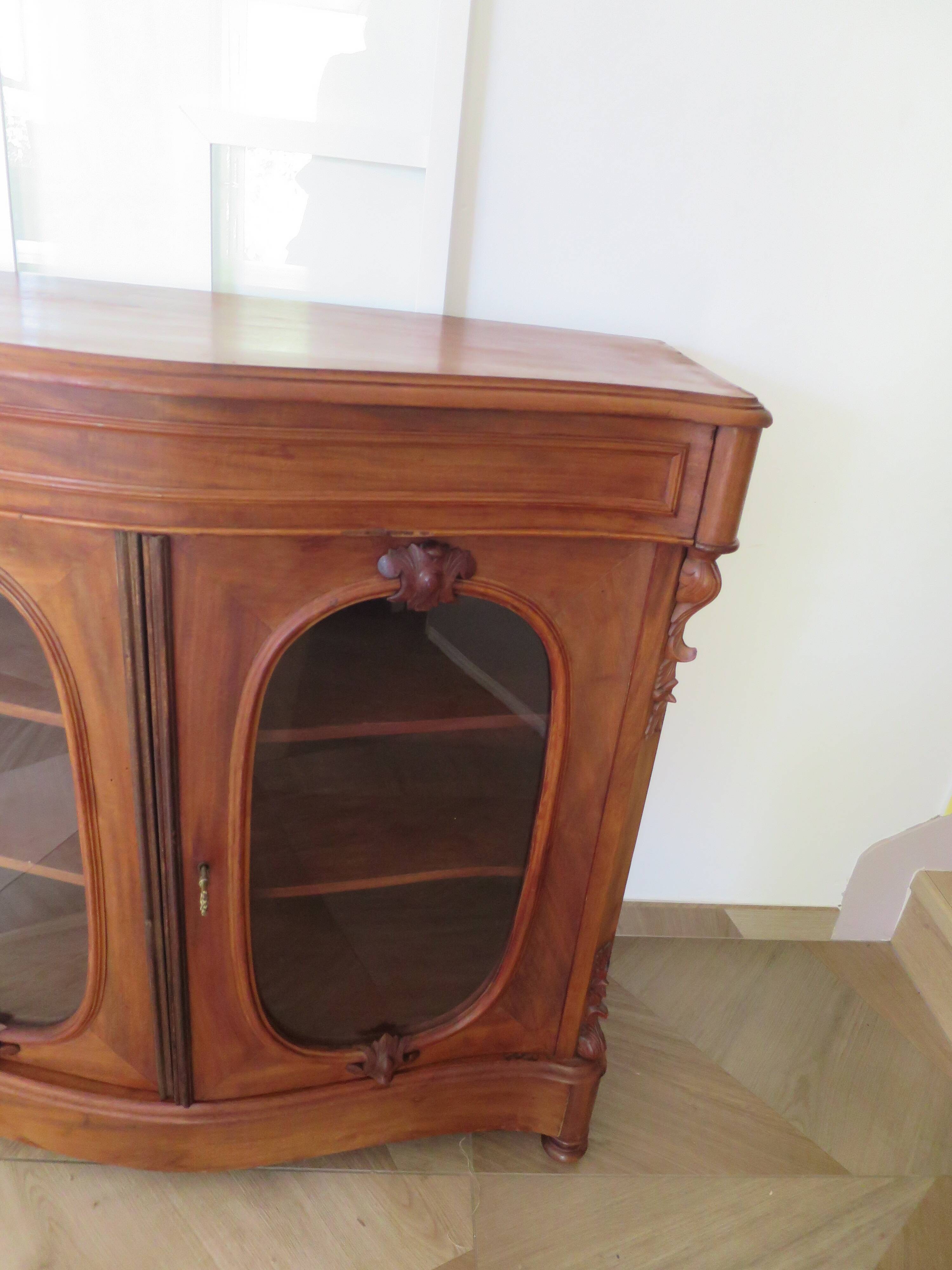Curved showcase library carved wood 2 doors mahogany English style