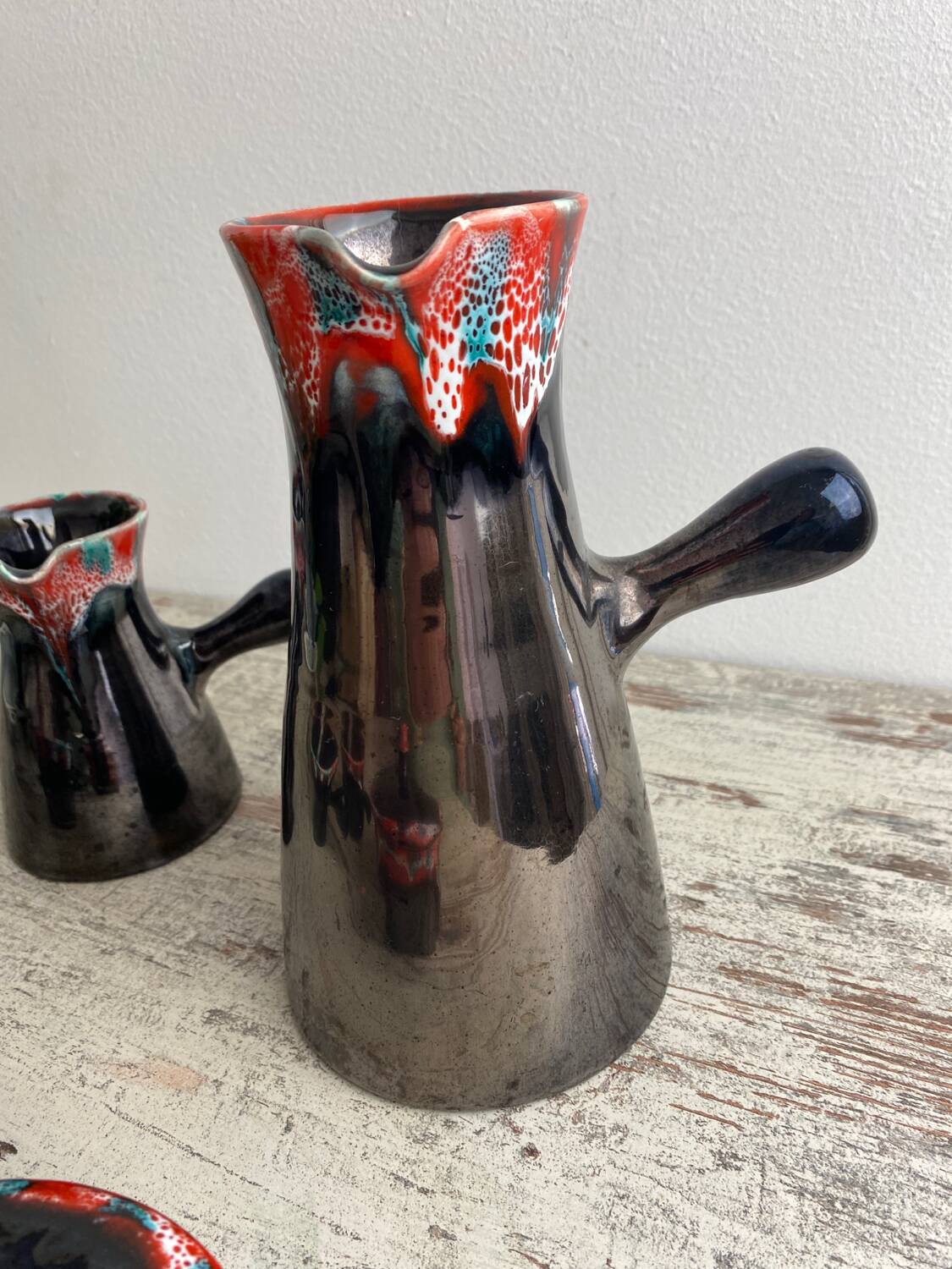 Vallauris ceramic pitcher, sugar bowl and cup set