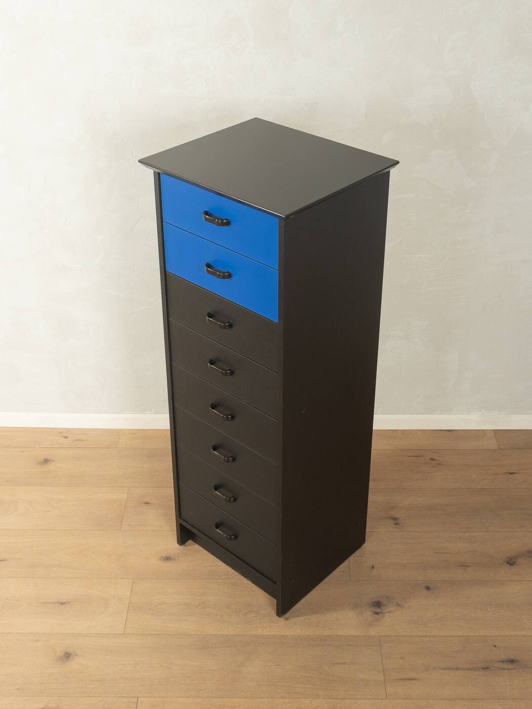 Commode postmoderne des années 1980, noire et bleue, vintage