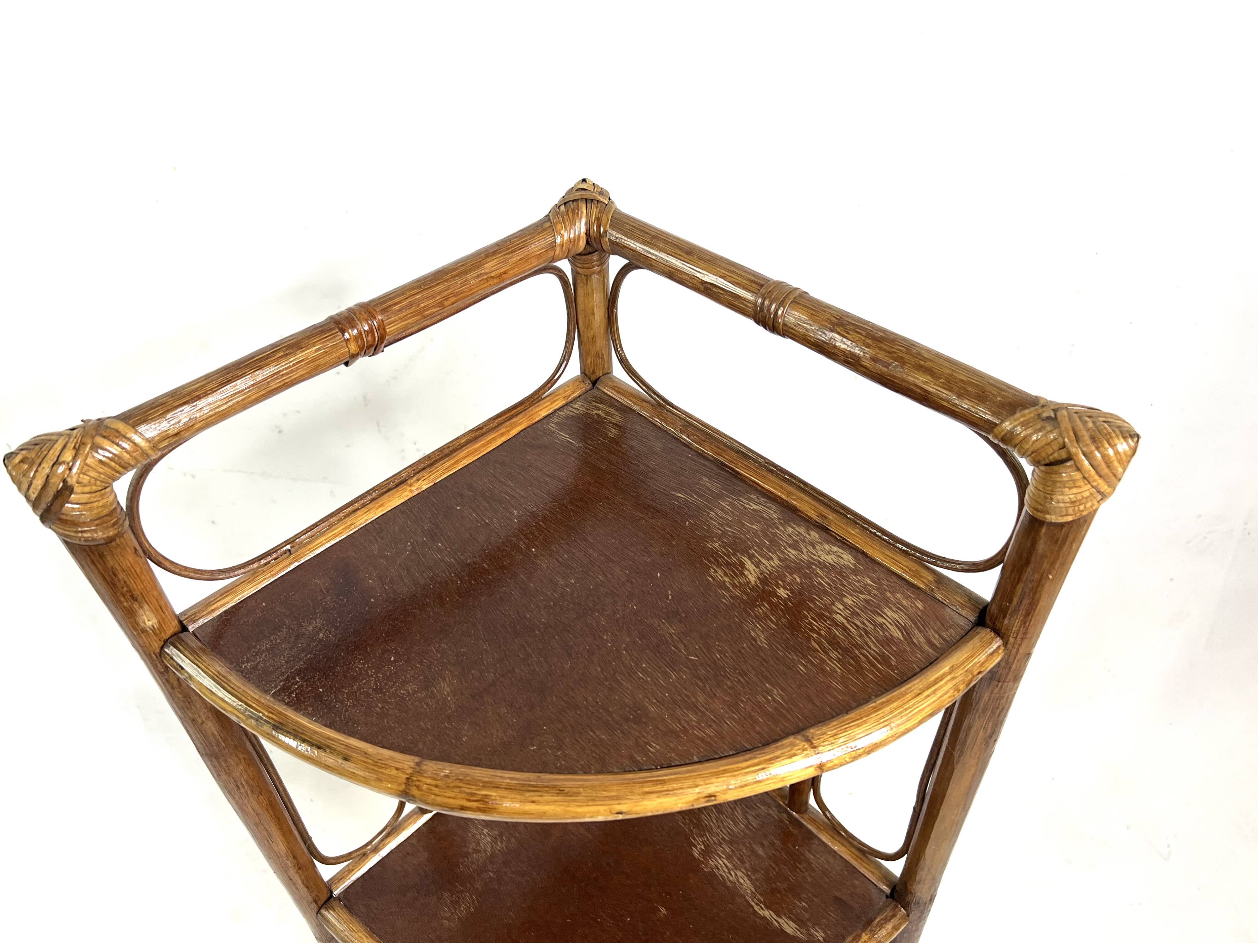 Vintage Bamboo and Wood Corner Shelf - 3 Tiers