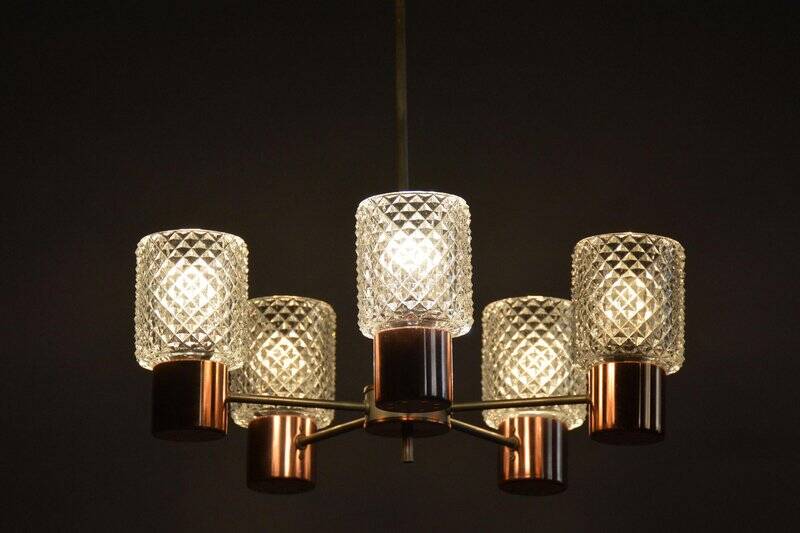 Mid-Century Chandelier in Chrome, Steel, Copper, and Glass, Czech, 1960s