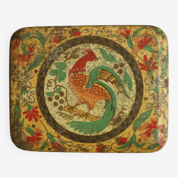 Old metal box - yellow - bird pattern