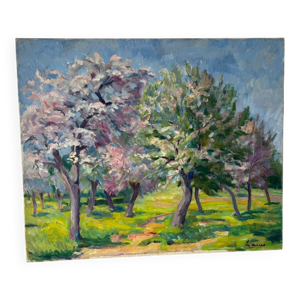 Paysage fleuri signé