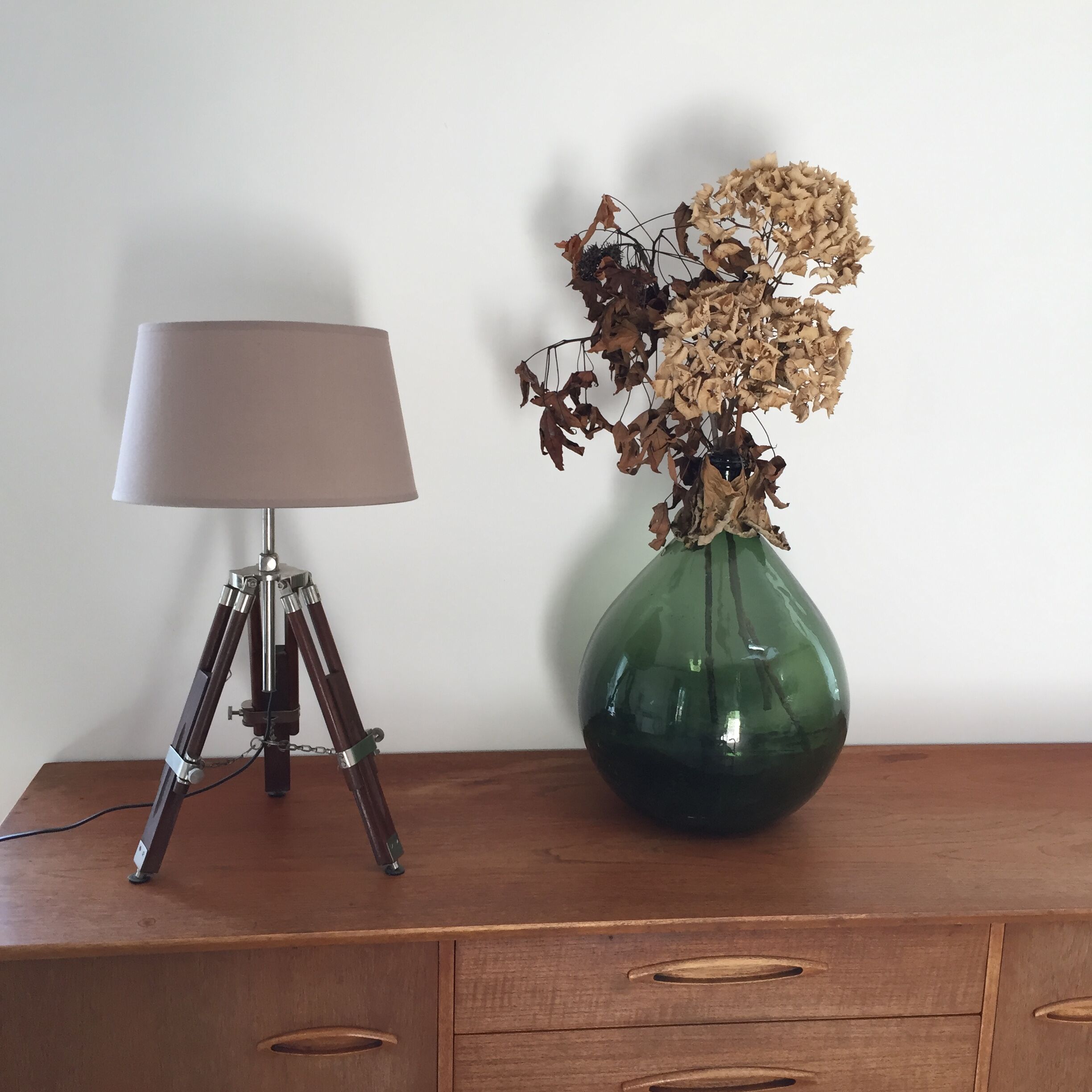 Lampe de marine tripode bois et métal argent