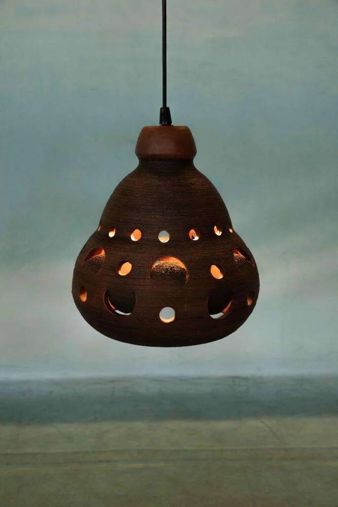 Suspended Japandi lamp in ceramic from the 60s/70s, vintage boho lamp.