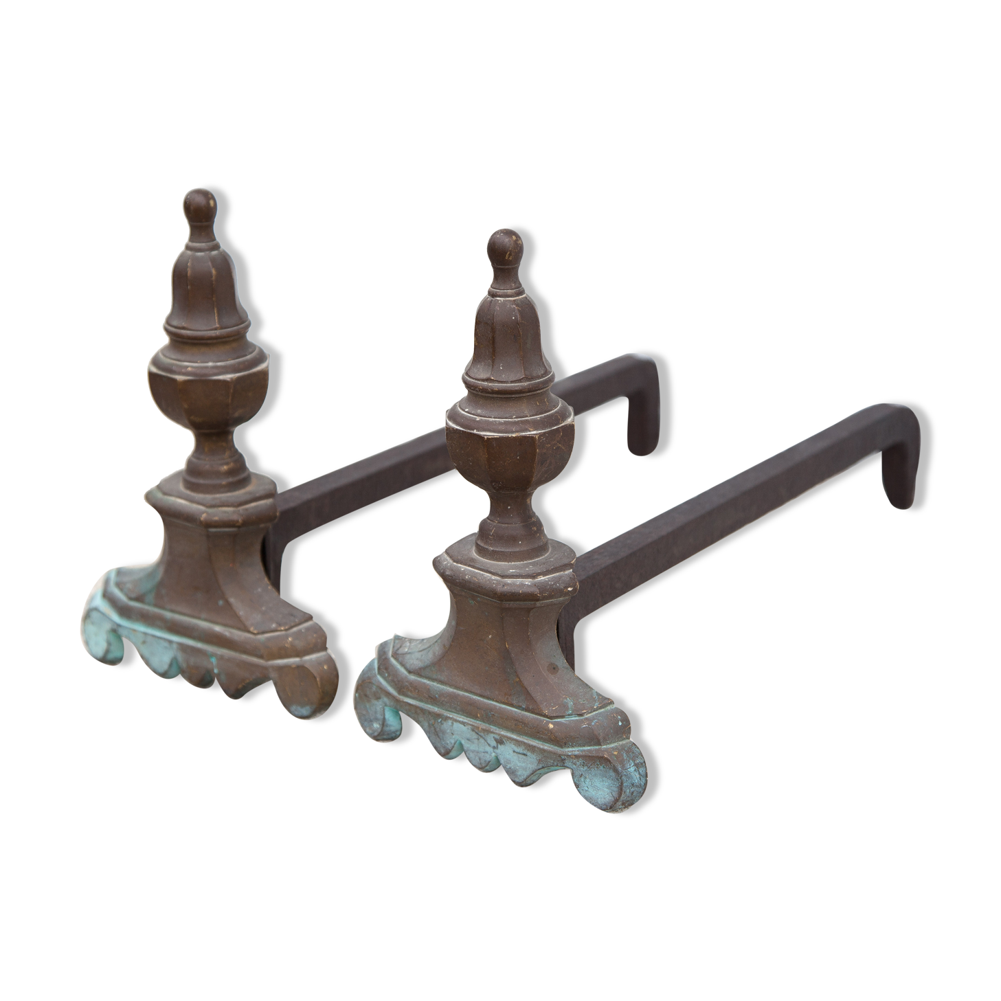 Vintage fireplace channels, cast-cast and bronze chenets