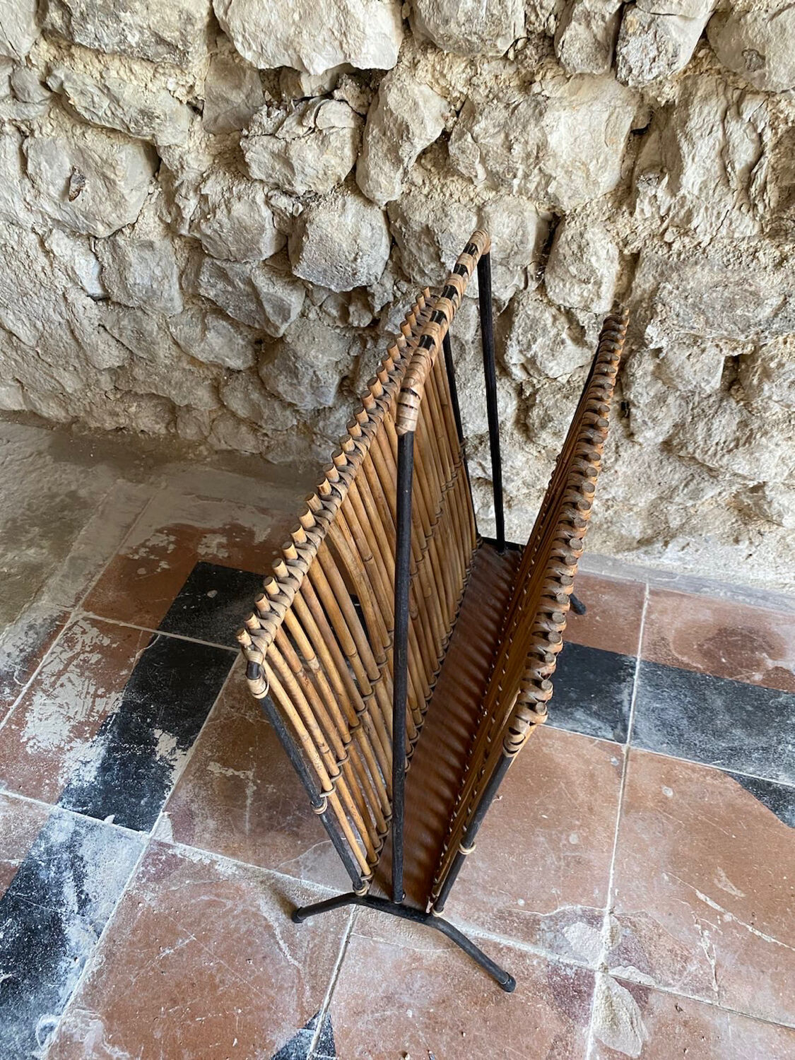 Modernist rattan magazine holder audoux minnet style