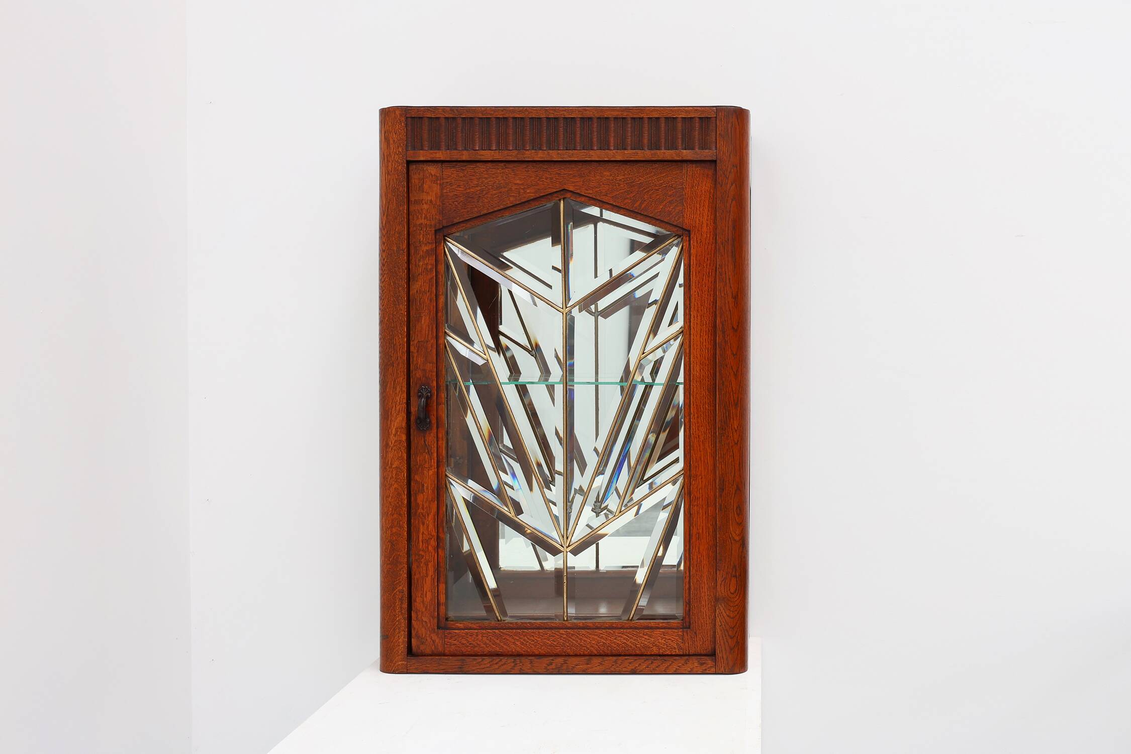 French Art Deco Oak Cabinet with Beveled Leaded Glass, ca. 1920