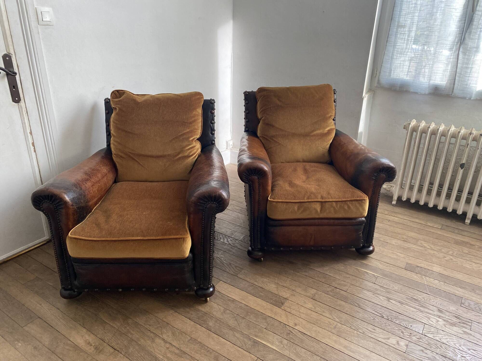 Pair of english leather club armchairs 1930 30 art deco