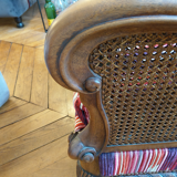 Pair of armchairs, English style, fluted backrests and armrests. Redone by tapestry maker, covered with Pierre Fry fabrics