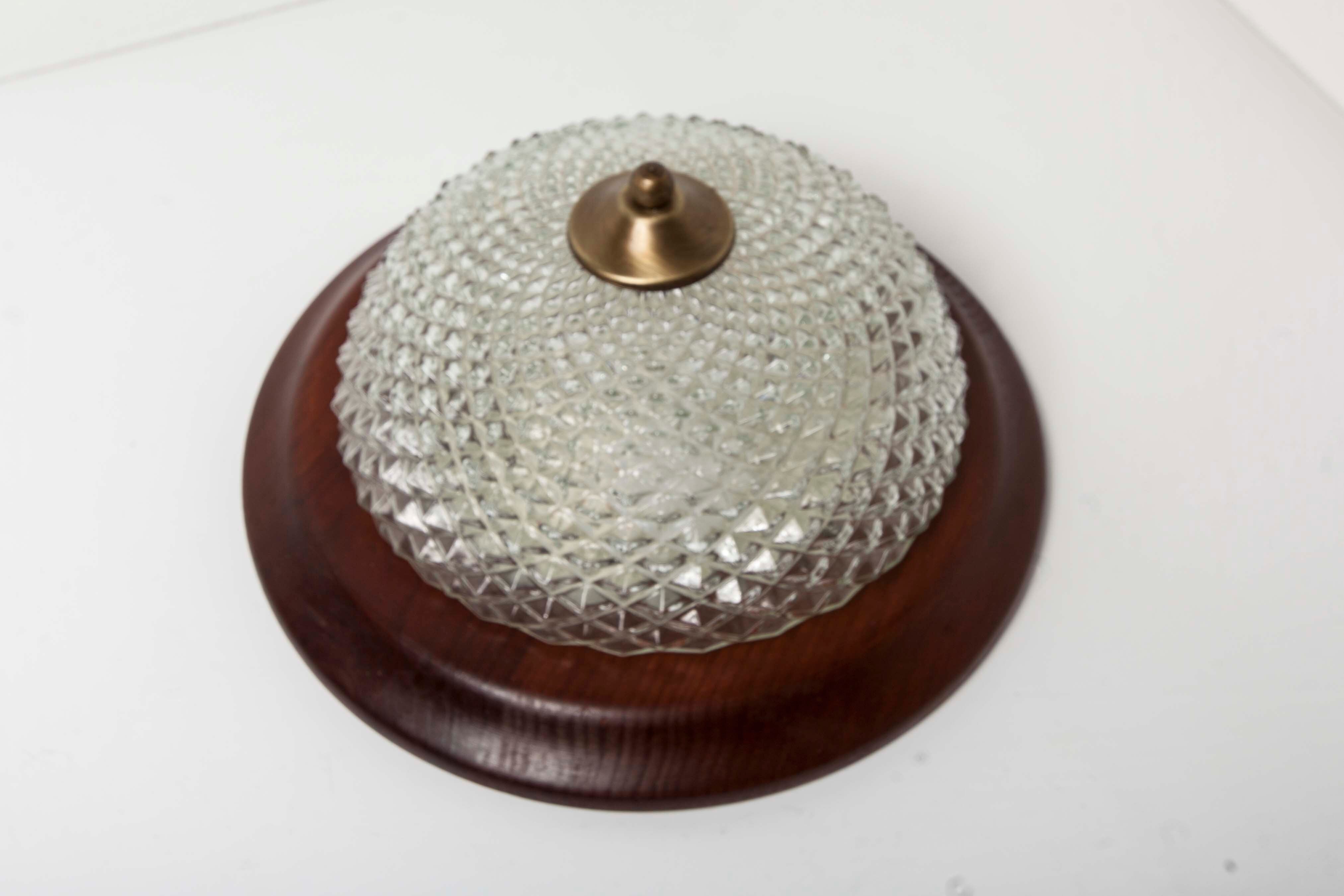 Ceiling light in glass, wood massif and brass of the 1960s