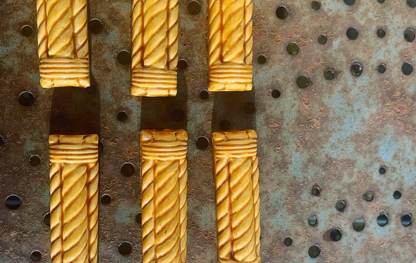 6 enameled ceramic knife holders, slip, vintage golden yellow