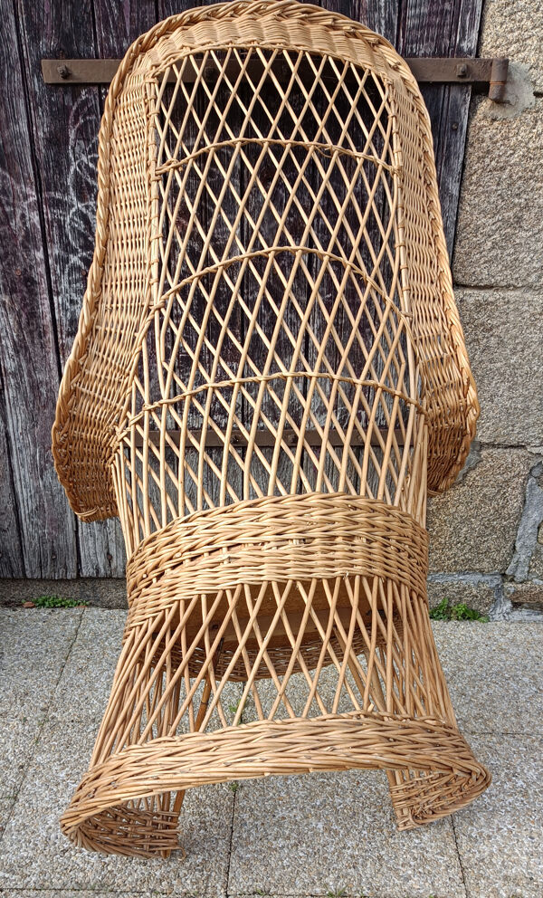 Fauteuil dossier haut en rotin, vintage, années 60