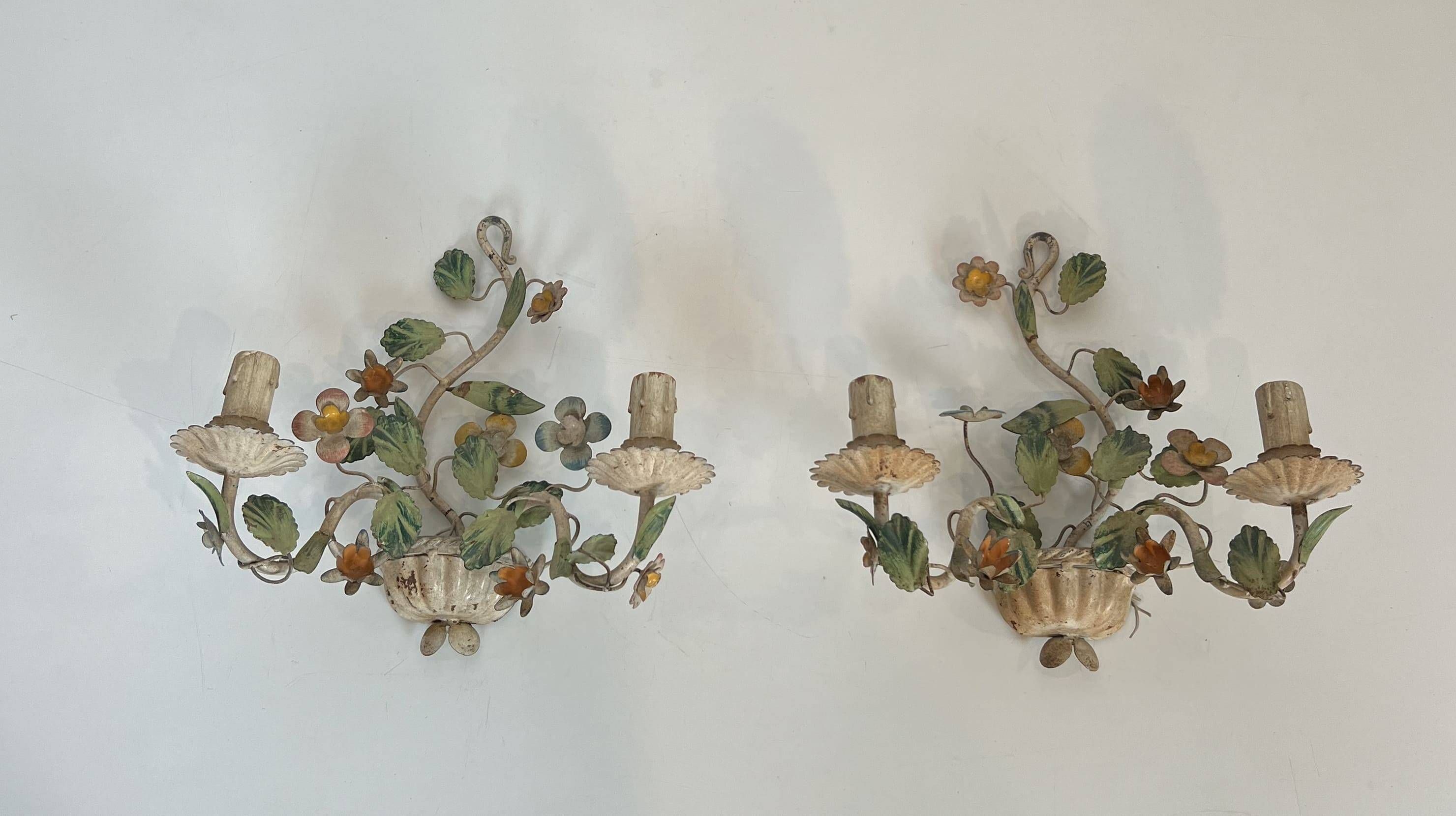 Pair of Wall Lights with Floral Basket in Painted Sheet Metal. Italian Work. Circa 19.