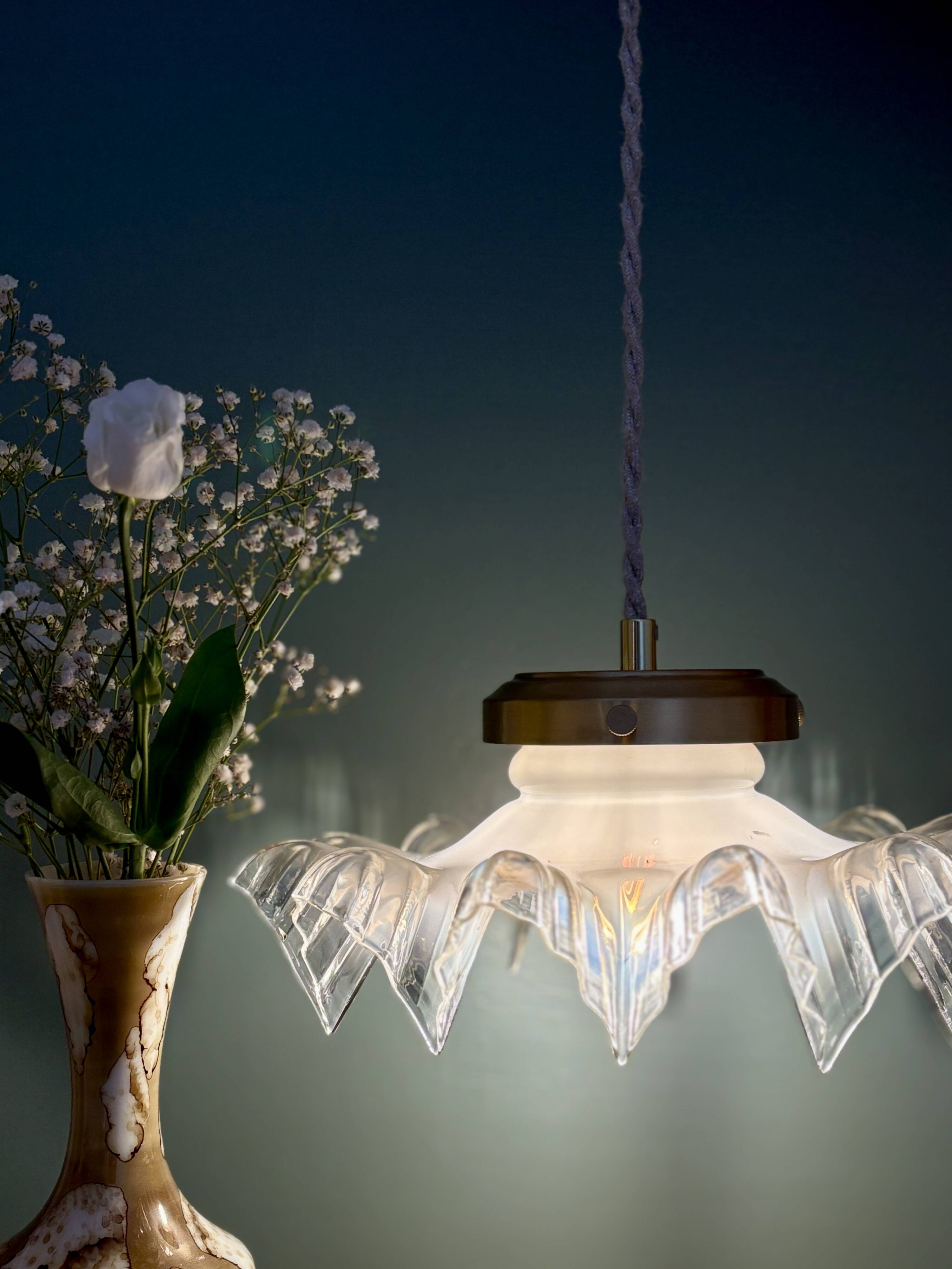 Vintage lace glass pendant lampshade, half white, half transparent