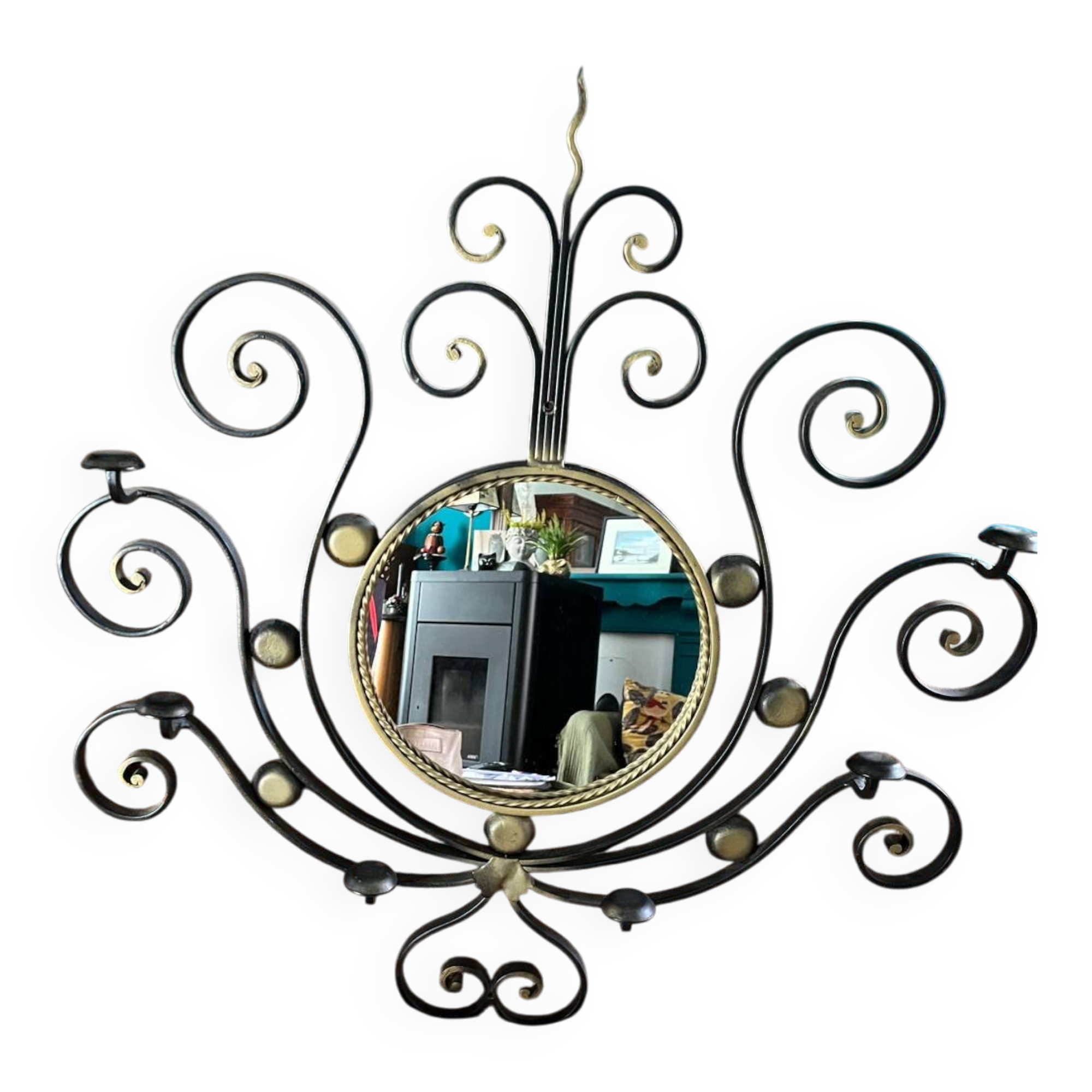 Black wrought iron sun mirror, Vallauris 1960-70
