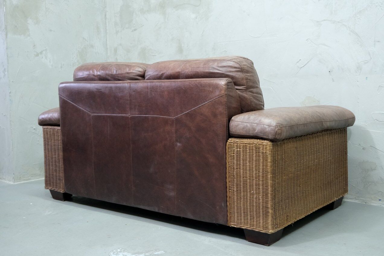 Italian Rattan and Leather Sofa, 1970s