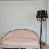 Louis XV style bench sofa in pink fabric and burlap