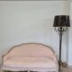 Louis XV style bench sofa in pink fabric and burlap
