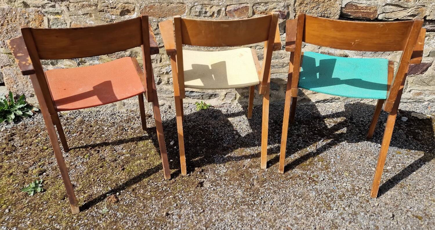 Set of 3 bridge armchairs with compass legs from the 50s/60s