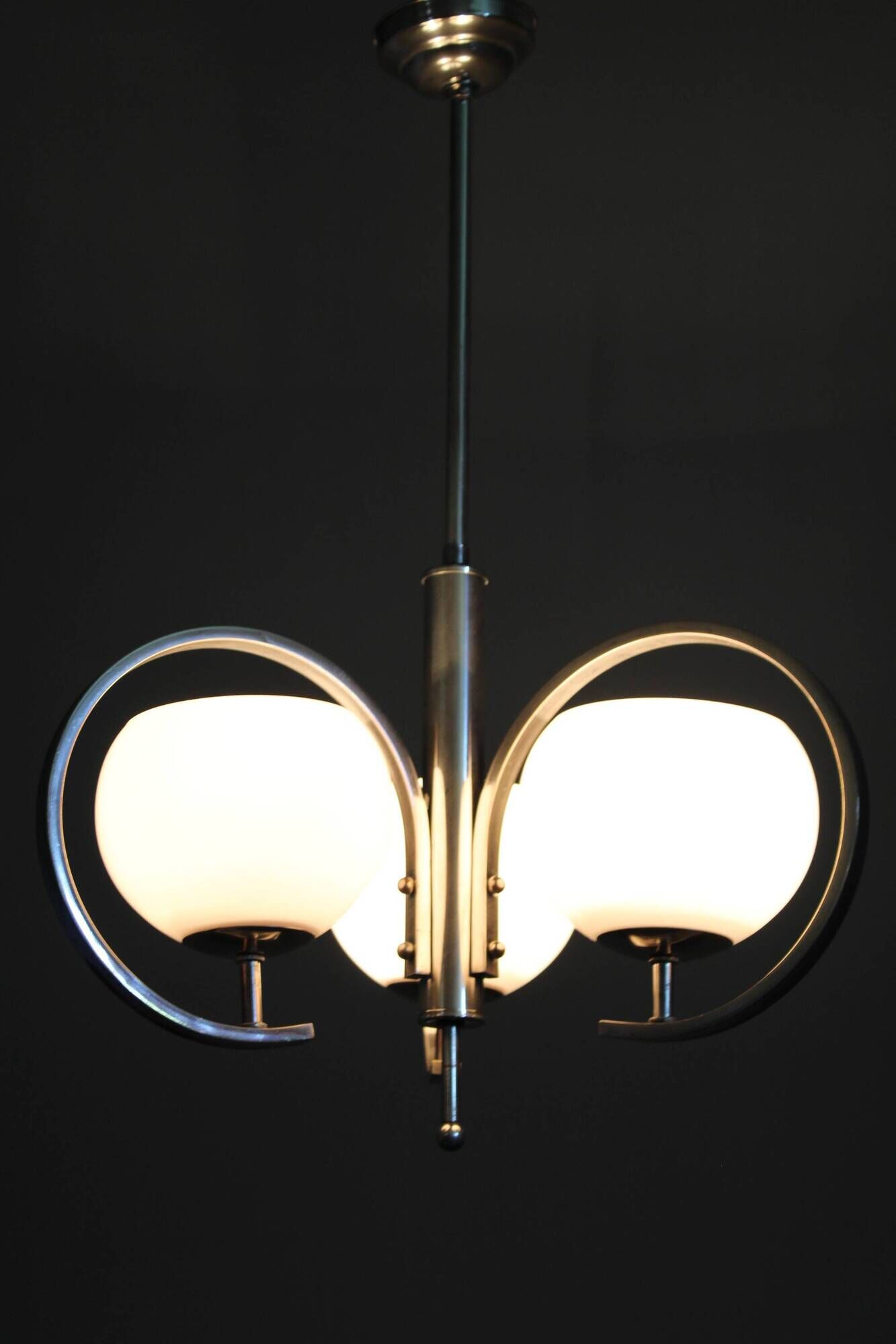 Art Deco nickel chandelier with light-pink opaline shades, Czechoslovakia, 1930s