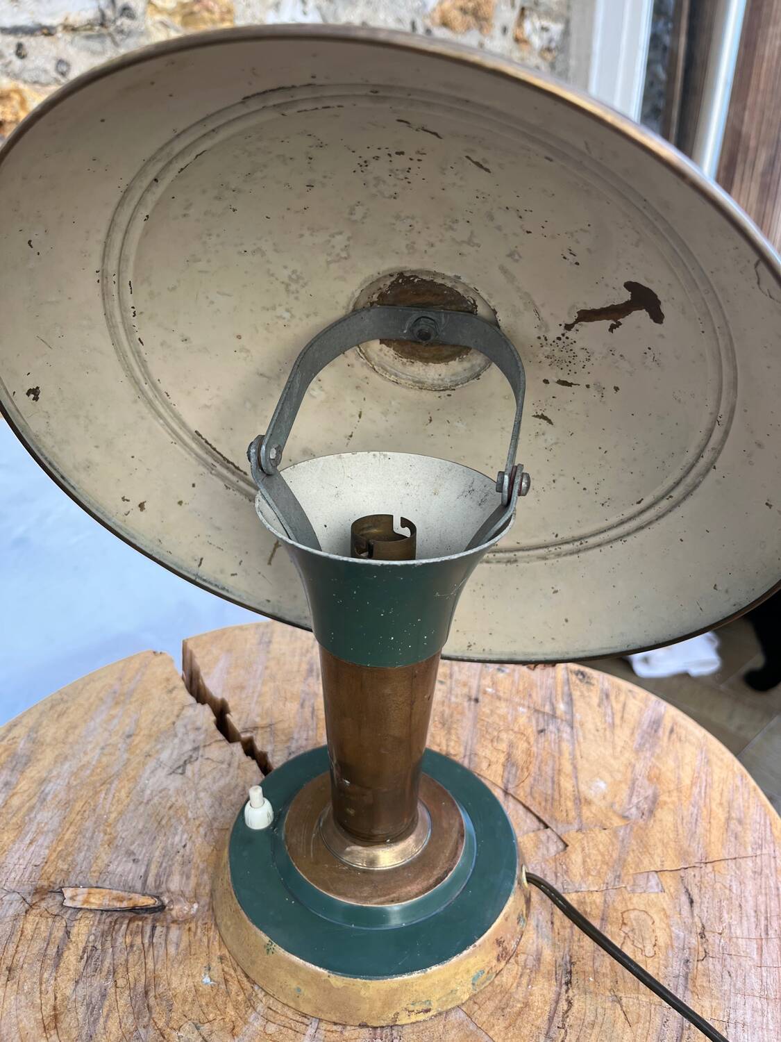 Vintage brass & green metal lamp - mushroom / Art Deco
