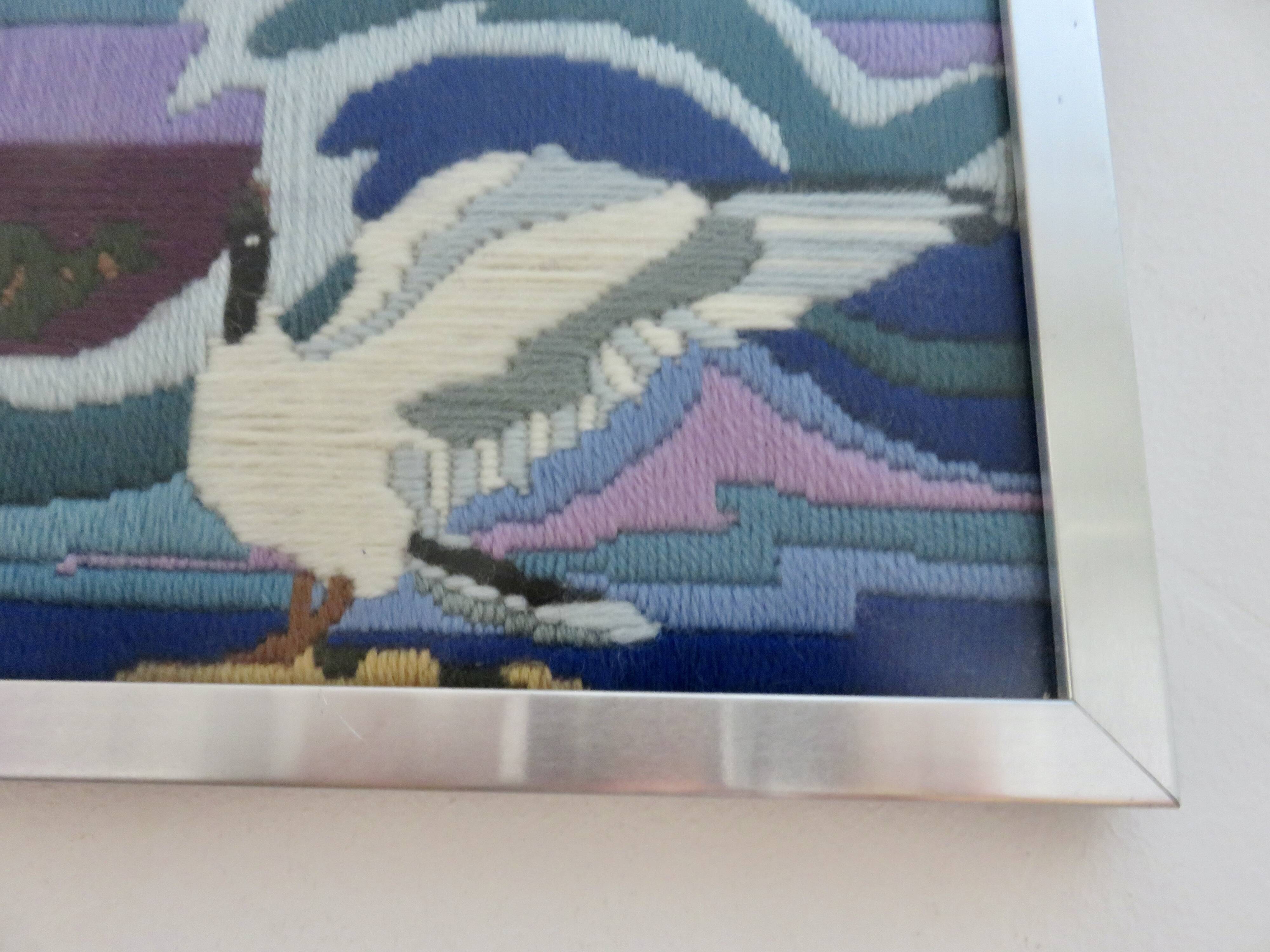 Futuristic tapestry, made of wool, framed, seagulls, ocean, fish, 1970.