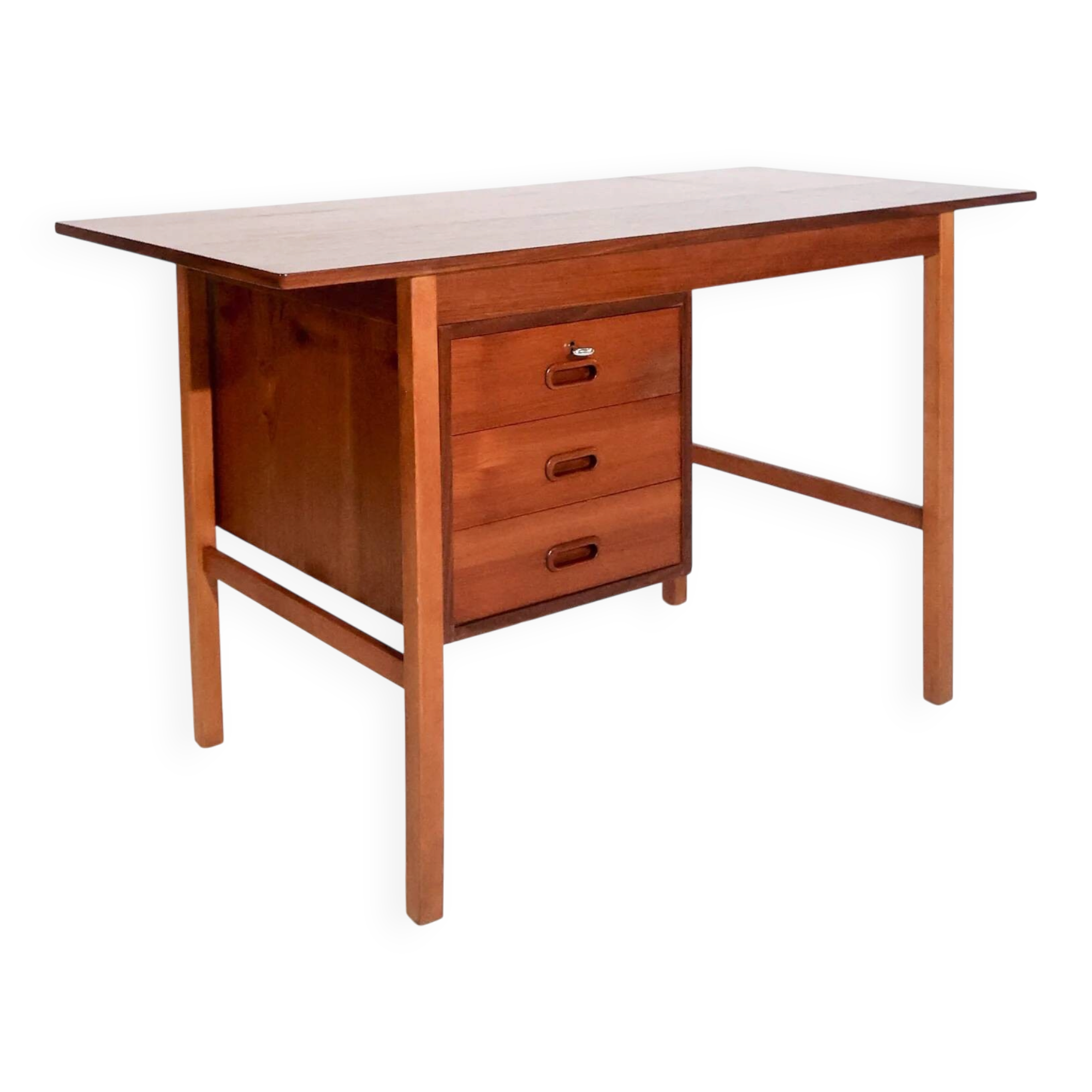 Bureau scandinave vintage extensible en teck avec caisson de tiroirs mobile