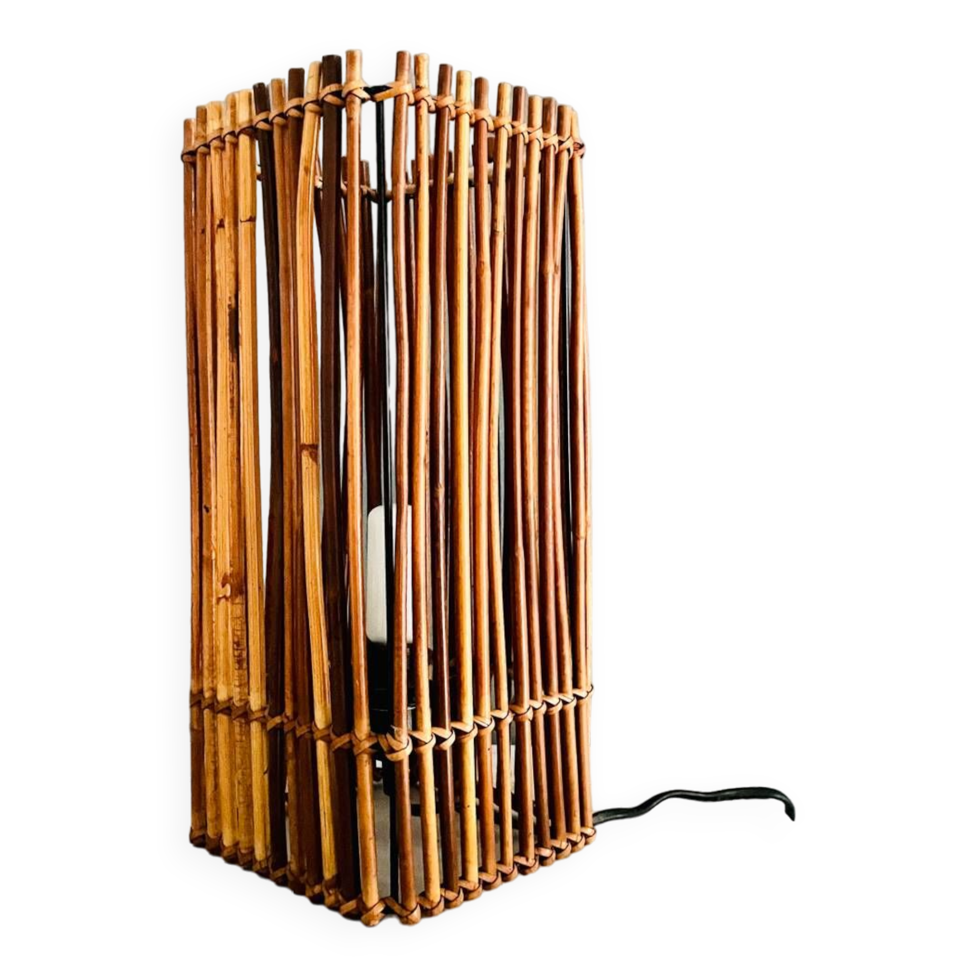 Lampe cube en bois et osier vintage