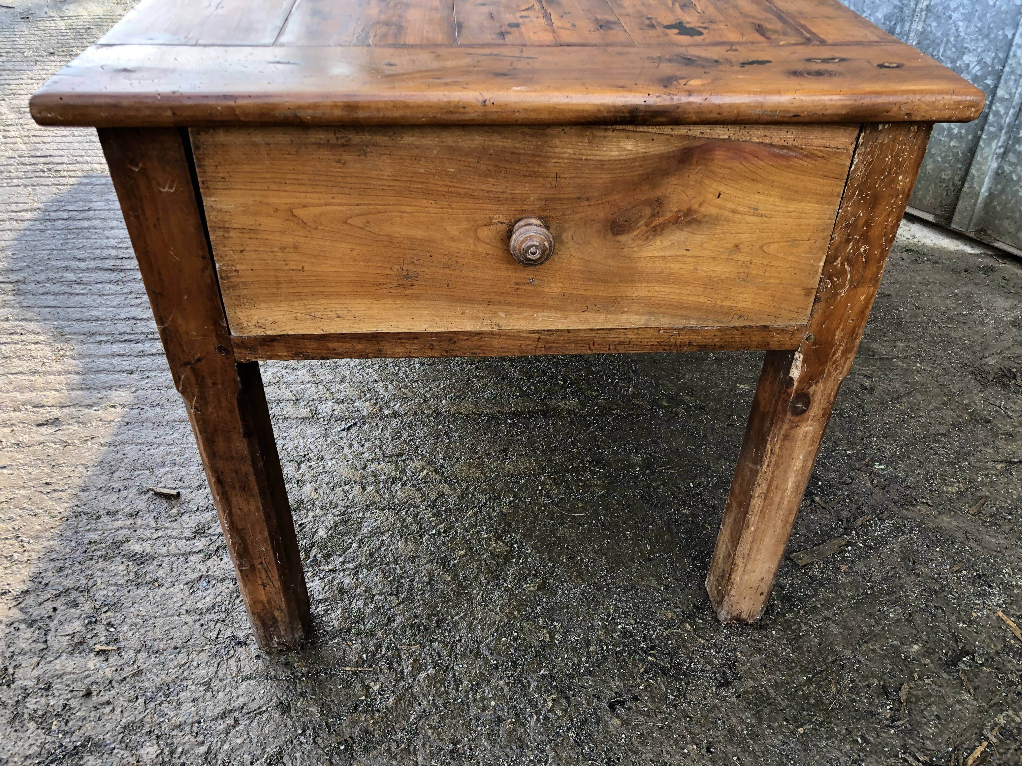 Antique Rustic Solid Cherry Farmhouse Table with 3 Drawers and 1 Pull Out