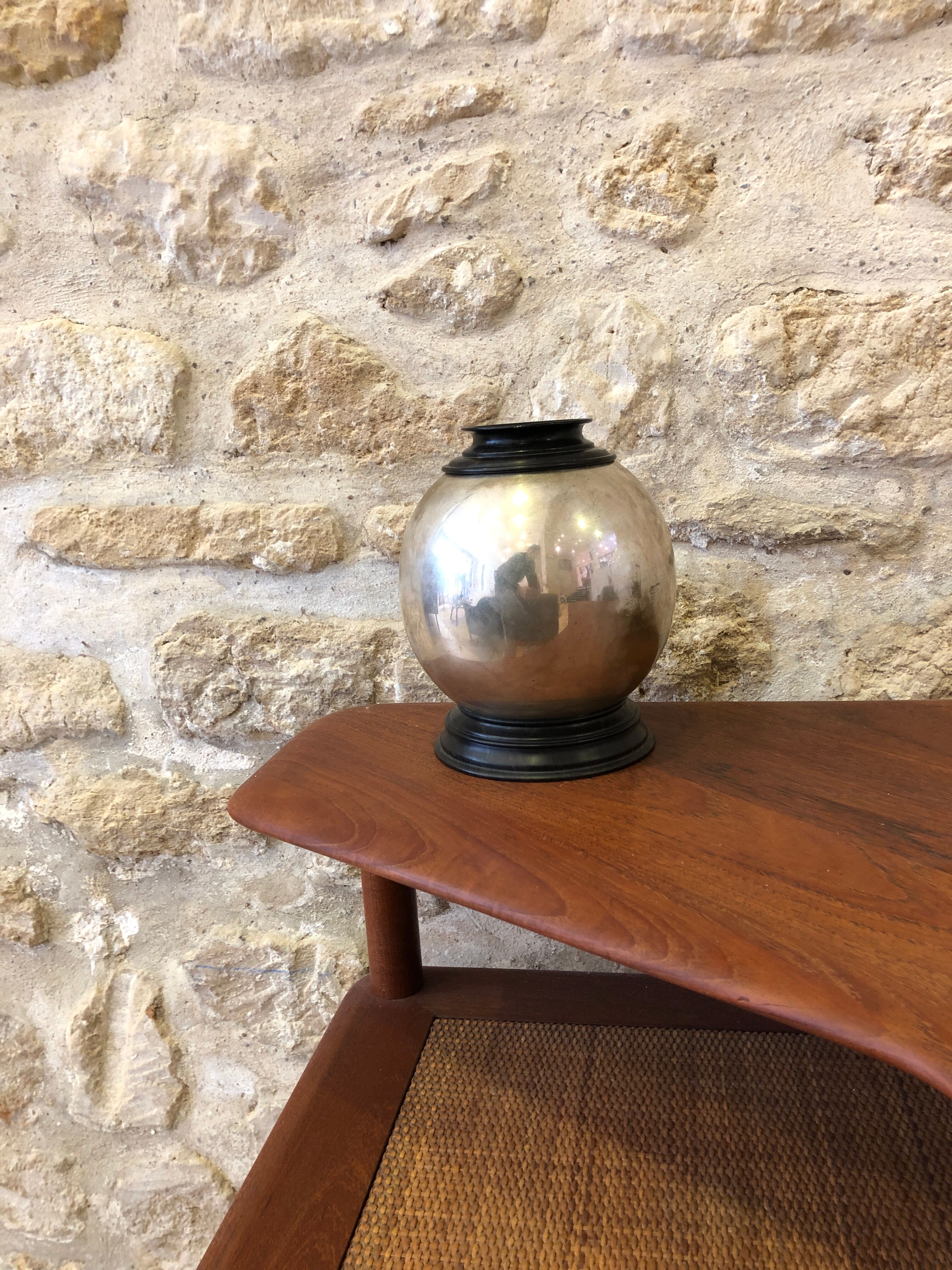 Nickel-plated metal and ebony vase