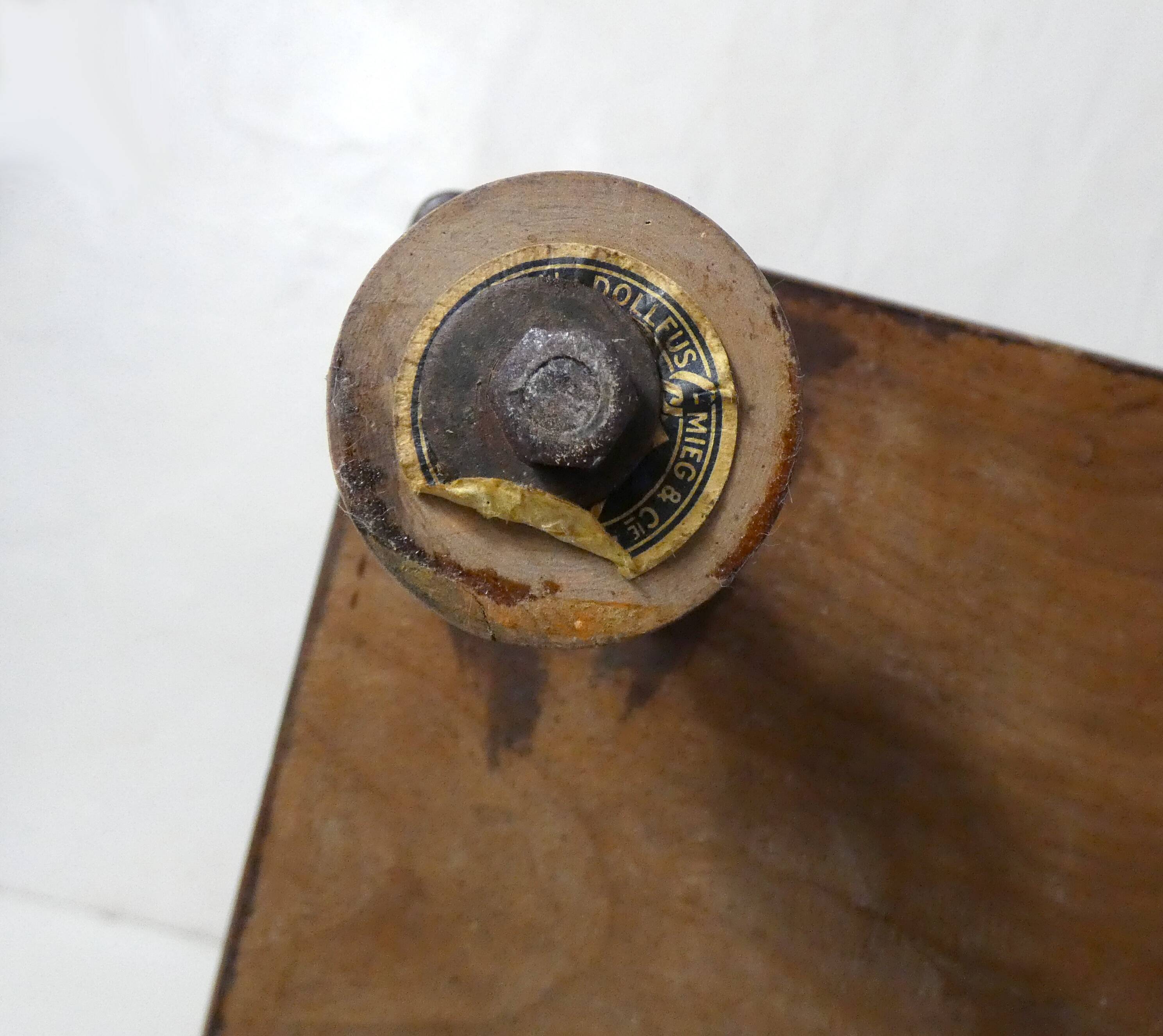 Antique wooden shelf with DMC spools – Industrial sideboard