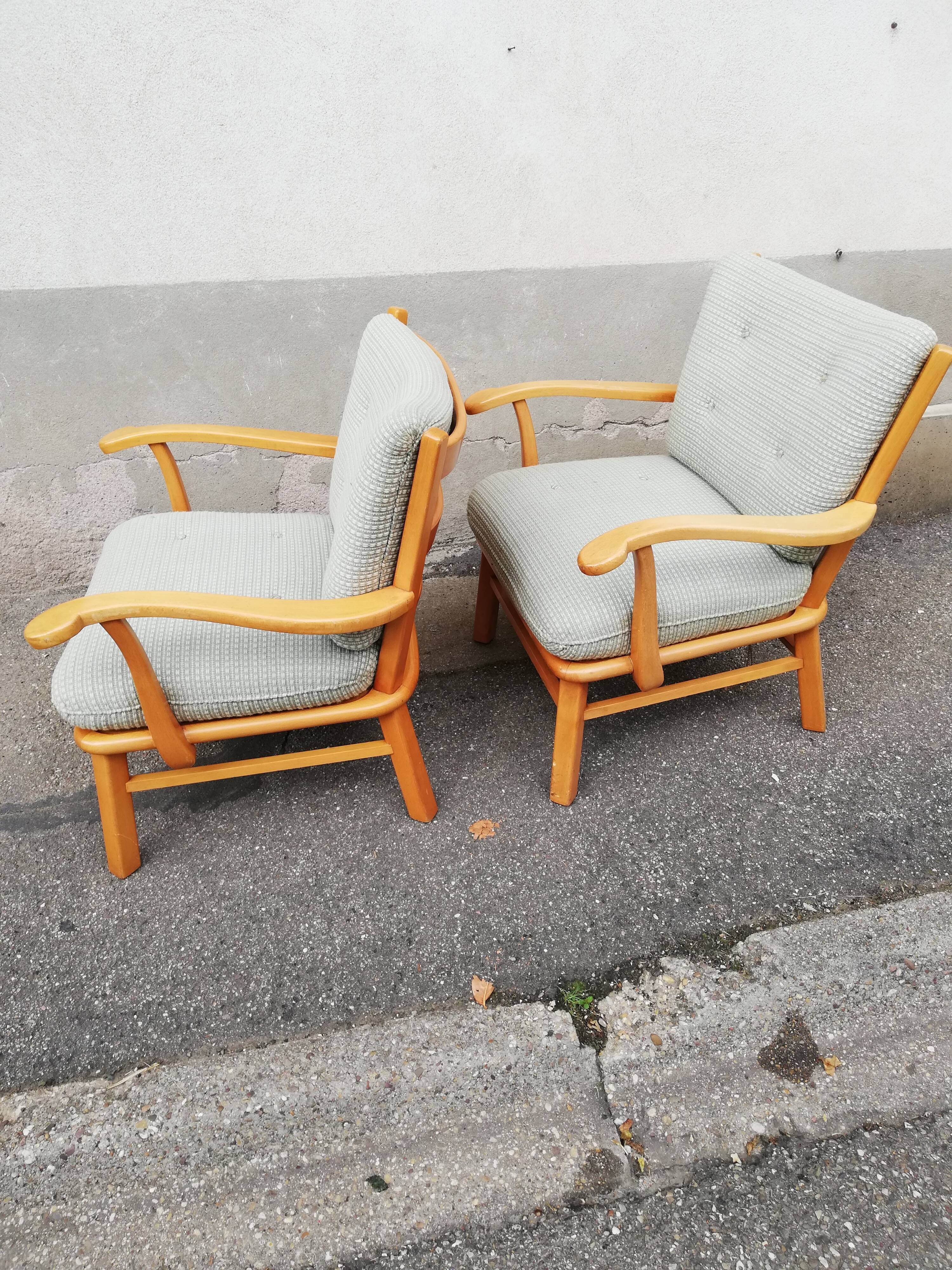Pair of vintage pastel green fabric armchairs