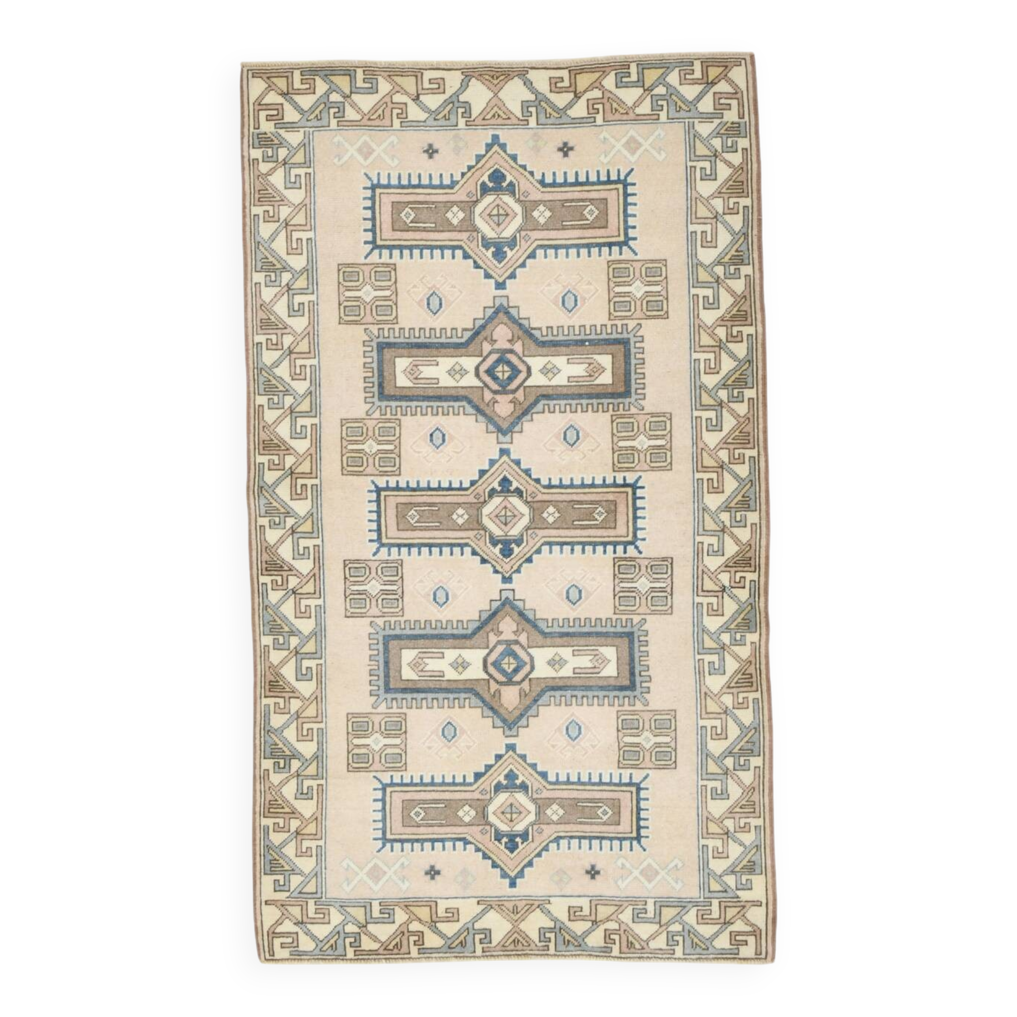 3x6 Cream Blue Oriental Vintage Rug, 109x187Cm