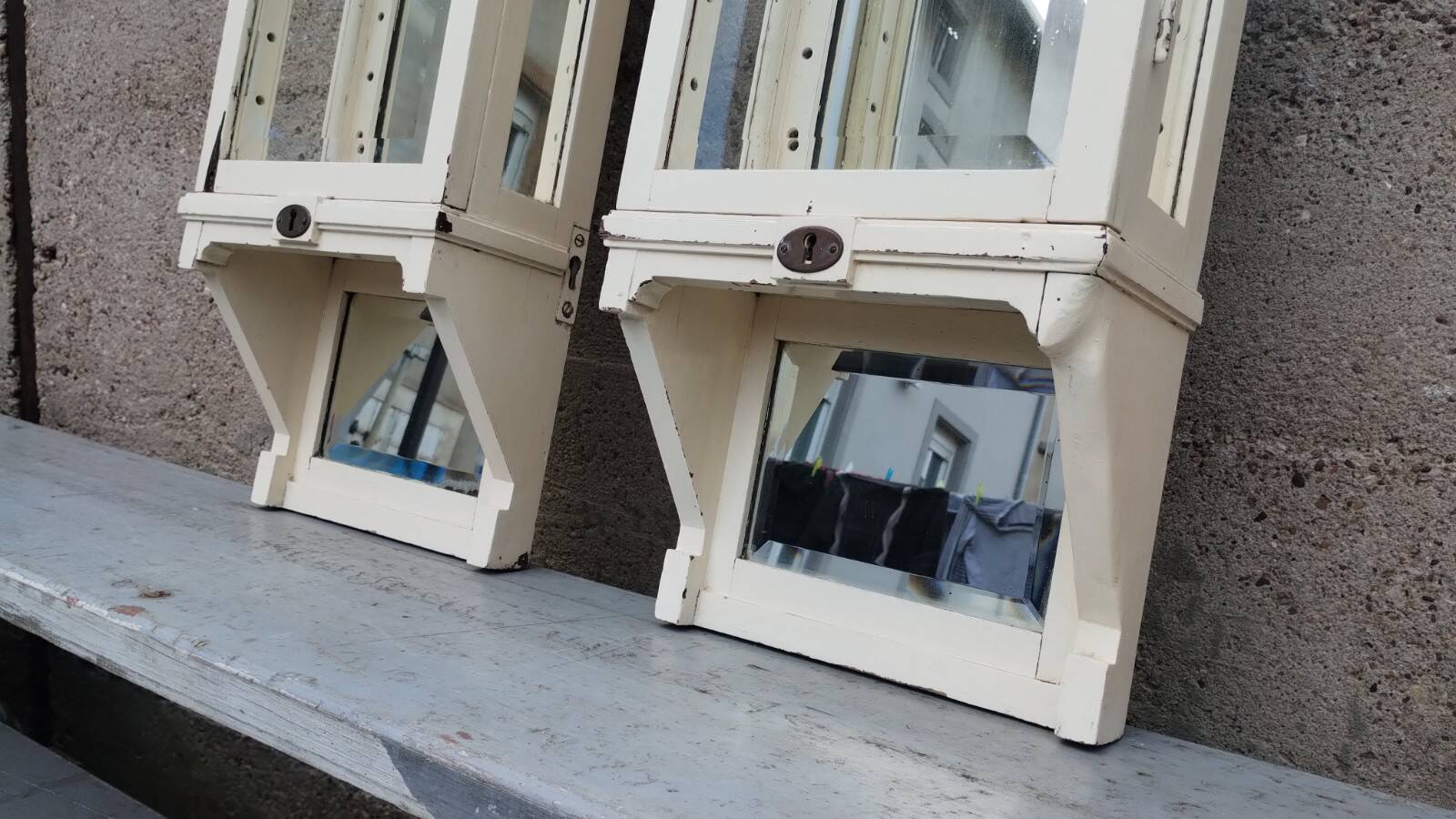 Pair of 2 old small solid wood display cabinets