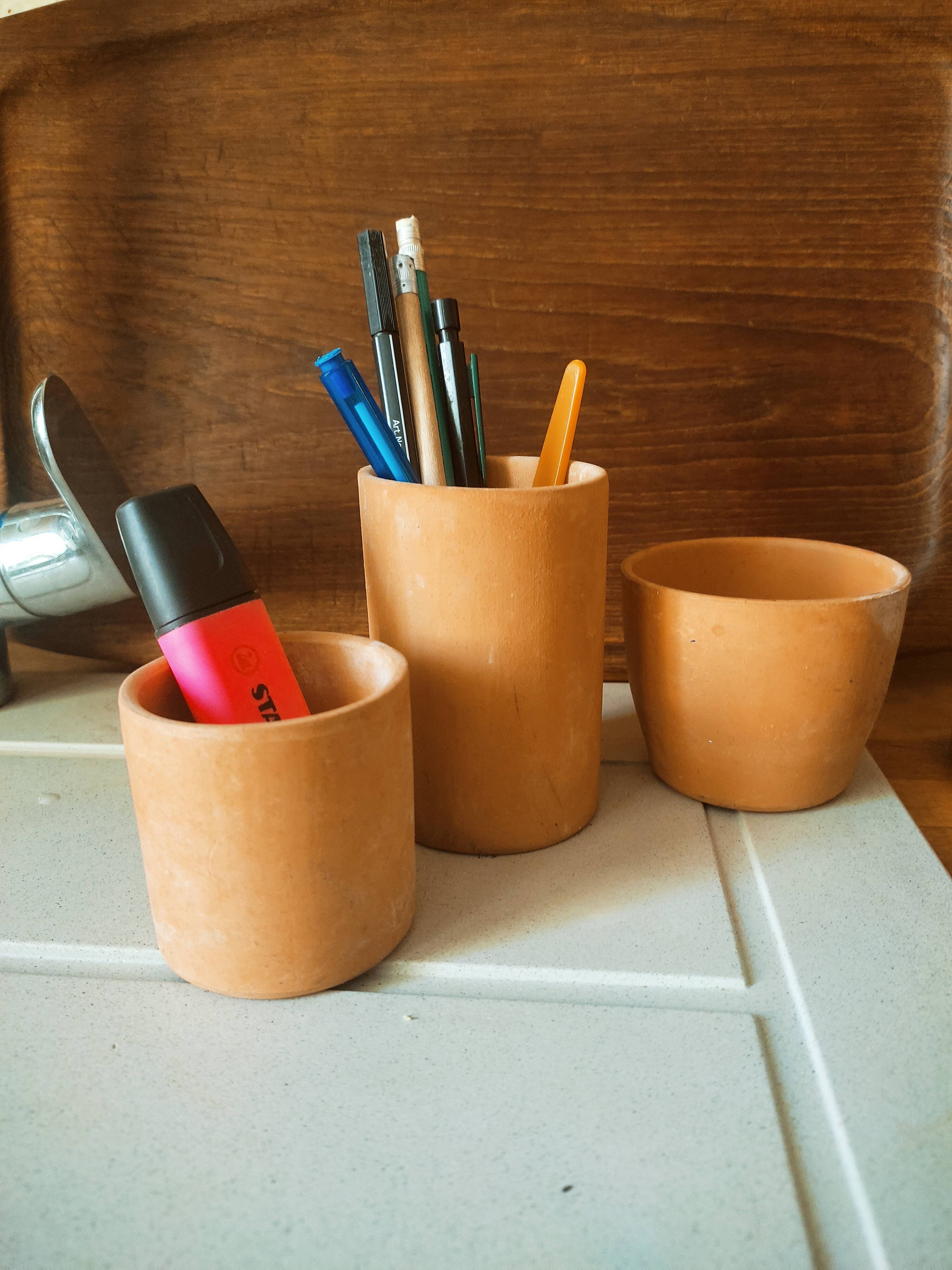 3 terracotta pencil pots