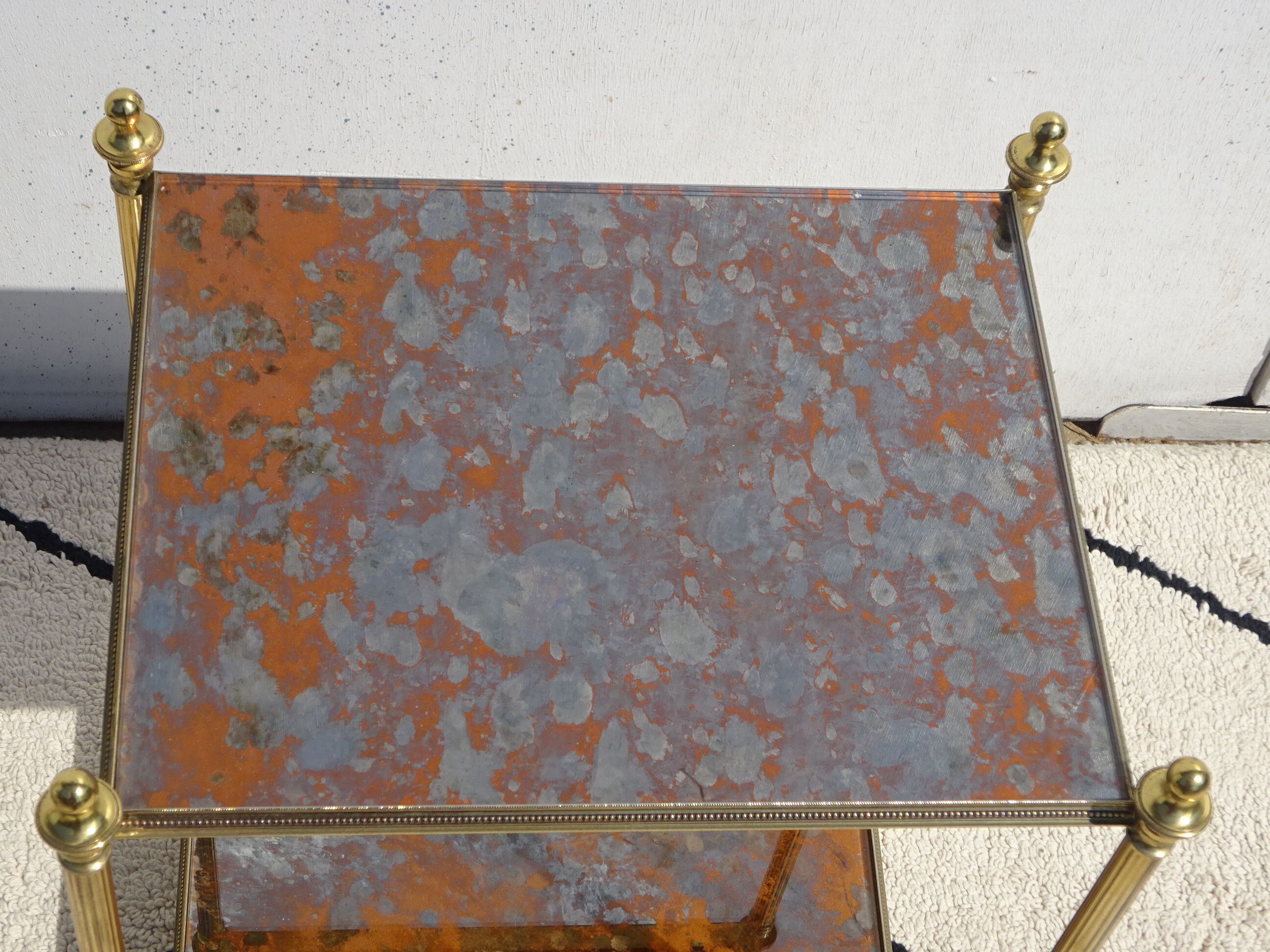 Pair of bedside tables in gilded brass and glass, midcentury