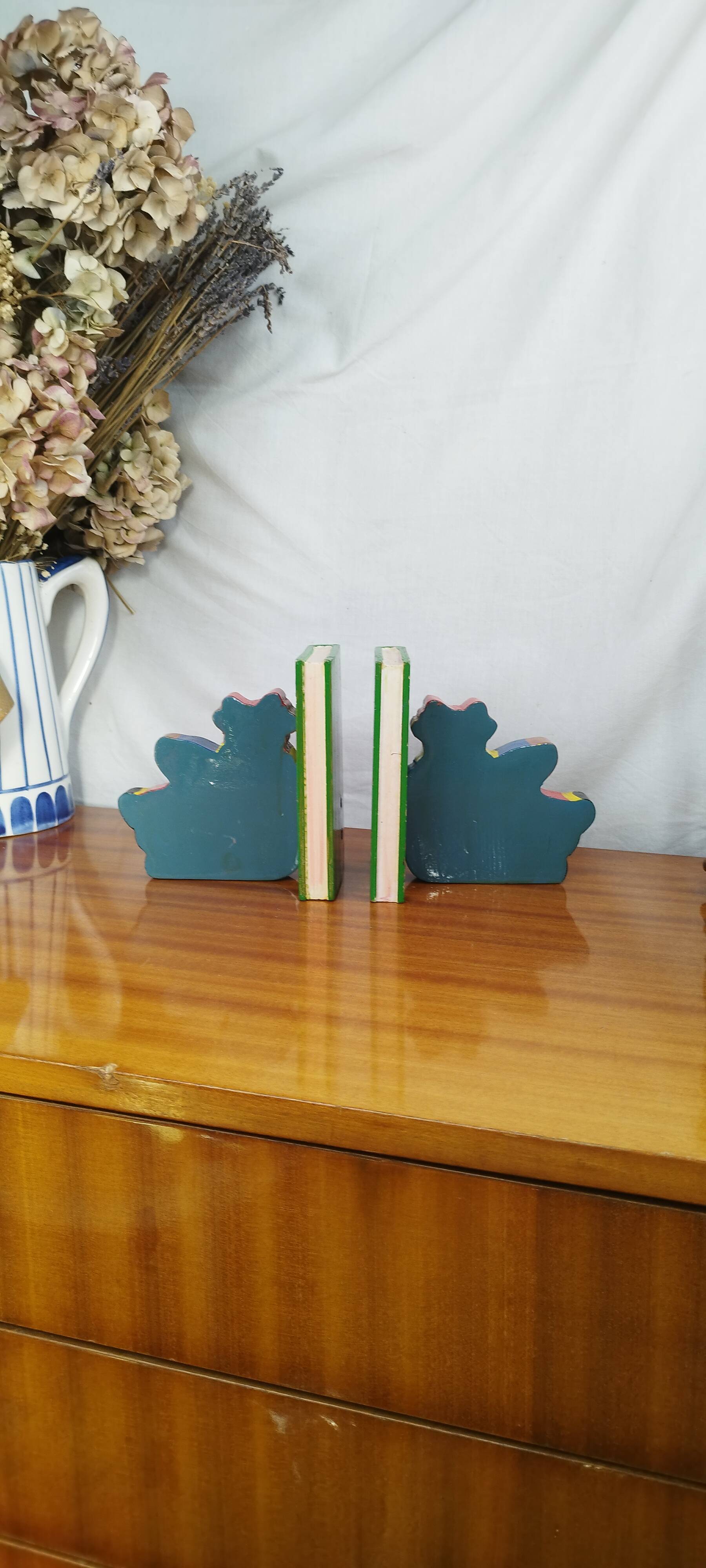 Vintage wooden bookends for kids, bear & books polychrome