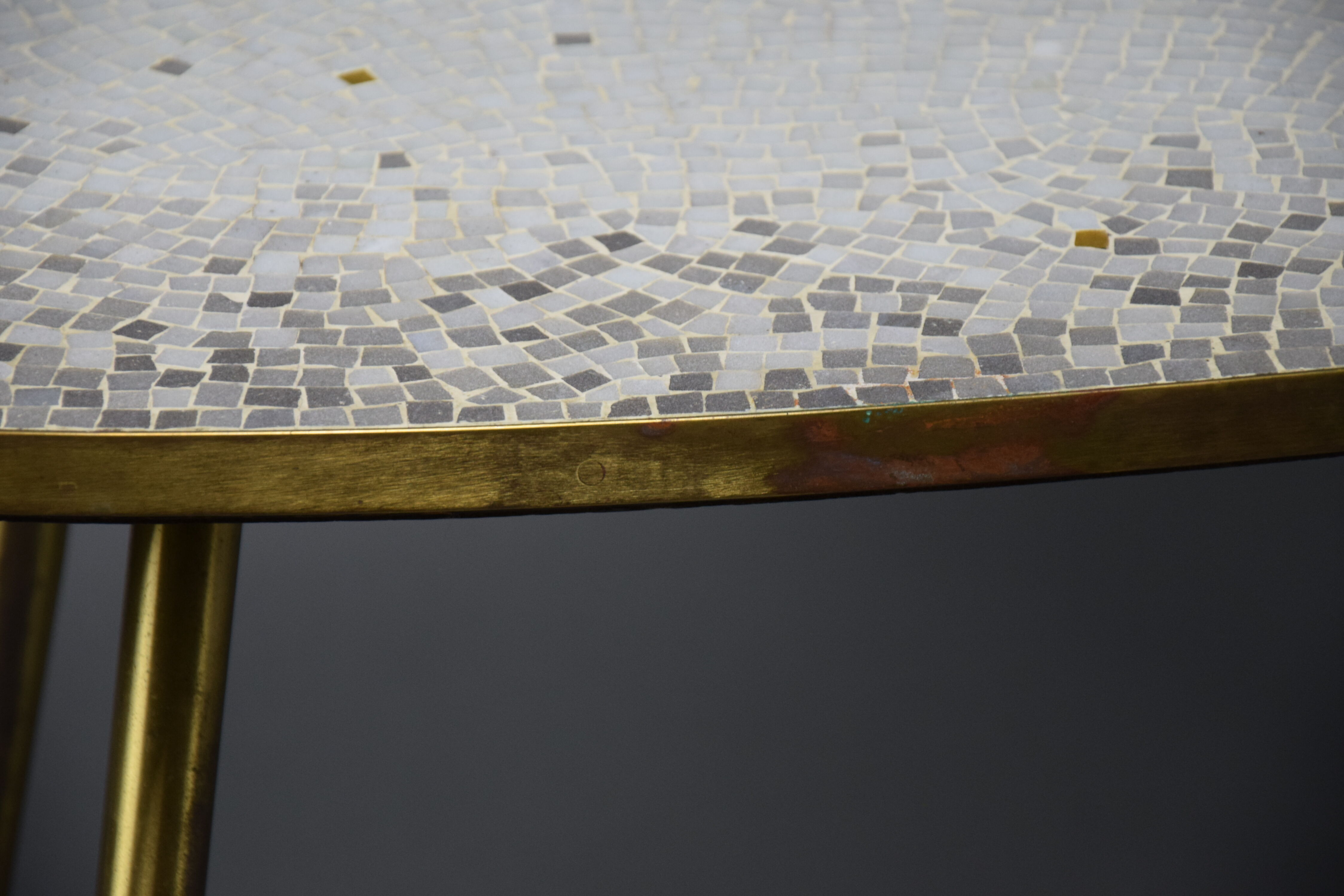 Brass Mid century Oval Coffee Table with Grey Glass Mosaic and Gold Highlights