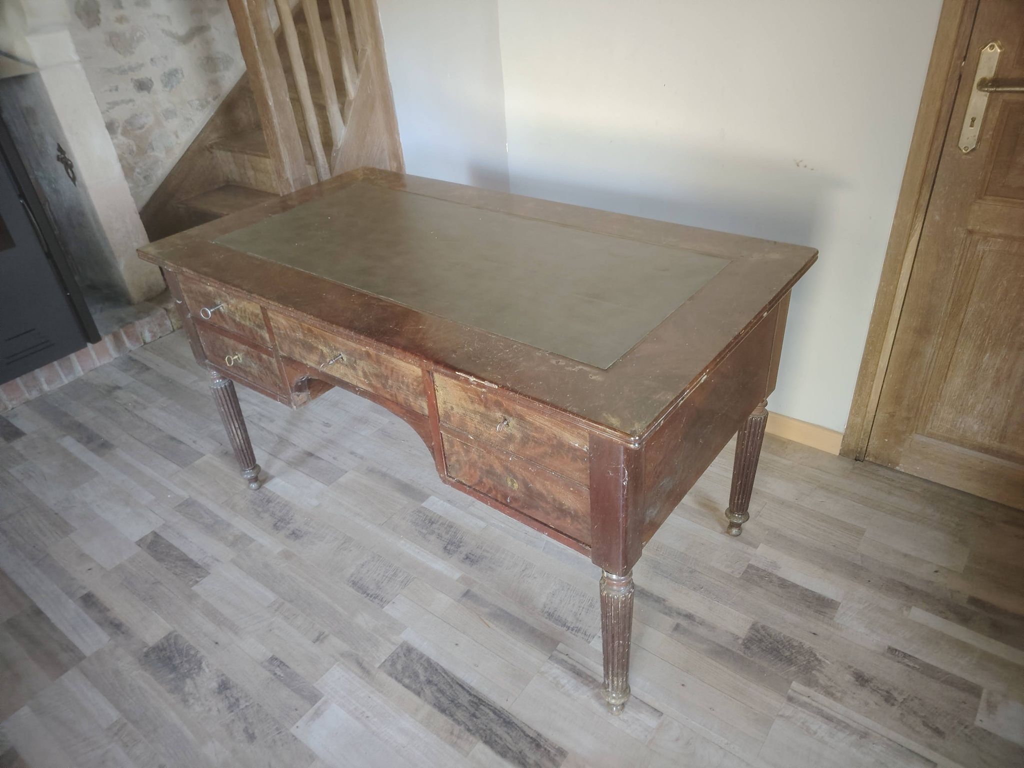 Antique Louis XVI style desk – mahogany – green leather – 5 drawers