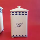 Set de 3 anciens pots à épices bocaux alimentaires vintage blanc bleu Farine Sucre Sel