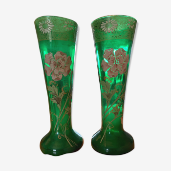 Pair of glass vases with flower-enamelled decoration